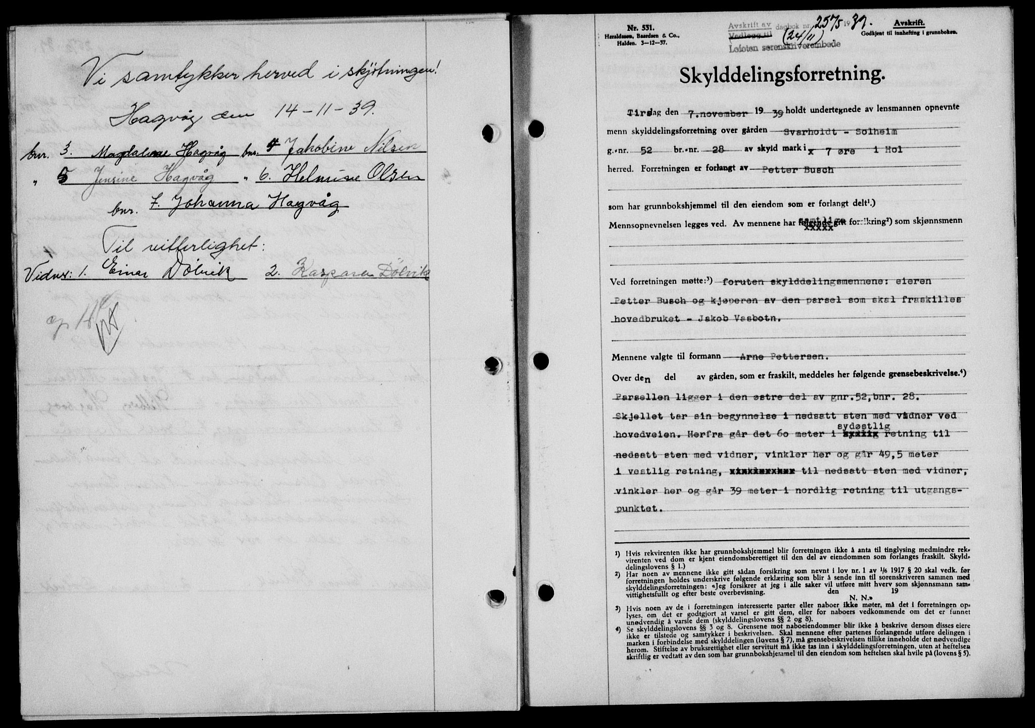 Lofoten sorenskriveri, SAT/A-0017/1/2/2C/L0006a: Mortgage book no. 6a, 1939-1939, Diary no: : 2575/1939