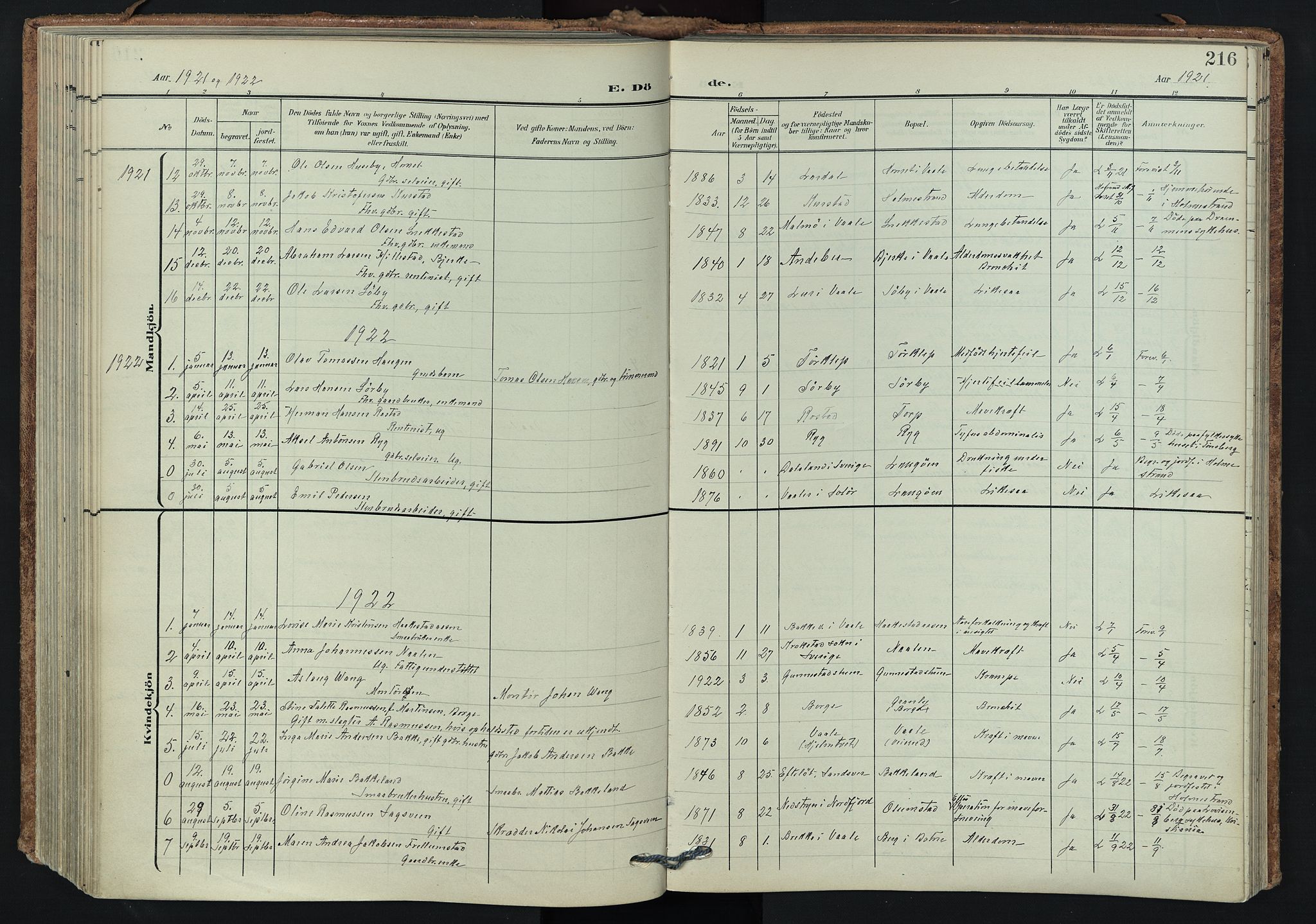 Våle kirkebøker, AV/SAKO-A-334/F/Fa/L0012: Parish register (official) no. I 12, 1907-1934, p. 216