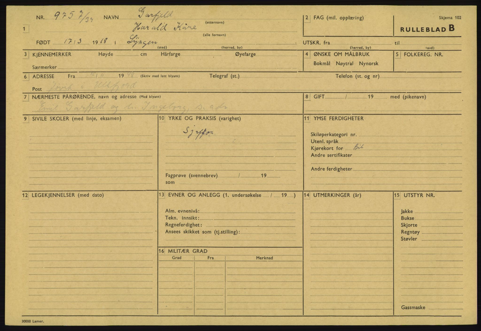 Forsvaret, Troms infanteriregiment nr. 16, AV/RA-RAFA-3146/P/Pa/L0023: Rulleblad for regimentets menige mannskaper, årsklasse 1939, 1939, p. 267