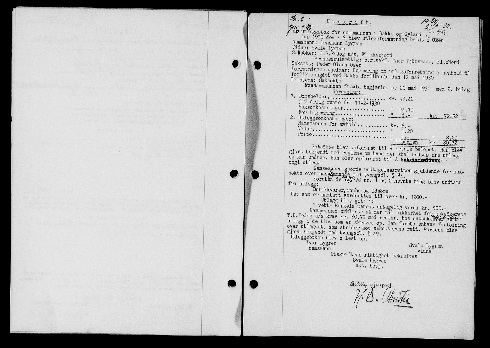 Flekkefjord sorenskriveri, SAK/1221-0001/G/Gb/Gba/L0045: Mortgage book no. 43, 1929-1930, Deed date: 24.06.1930