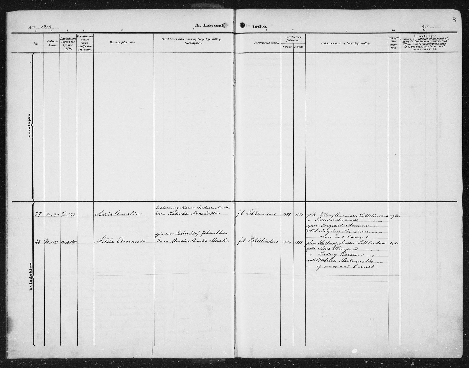 Lindås Sokneprestembete, SAB/A-76701/H/Hab: Parish register (copy) no. C 5, 1910-1927, p. 8