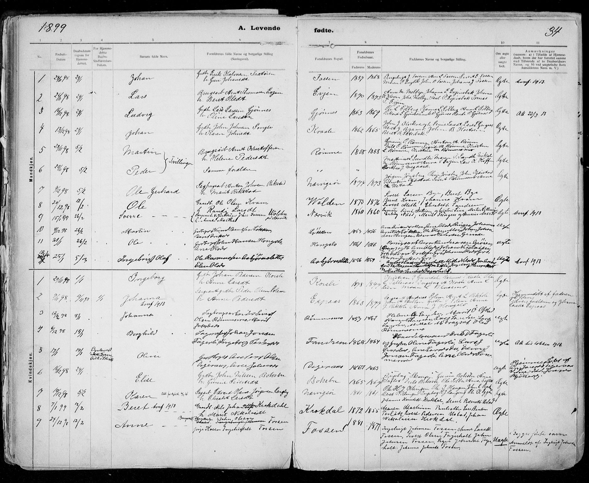 Ministerialprotokoller, klokkerbøker og fødselsregistre - Sør-Trøndelag, SAT/A-1456/668/L0811: Parish register (official) no. 668A11, 1894-1913, p. 34