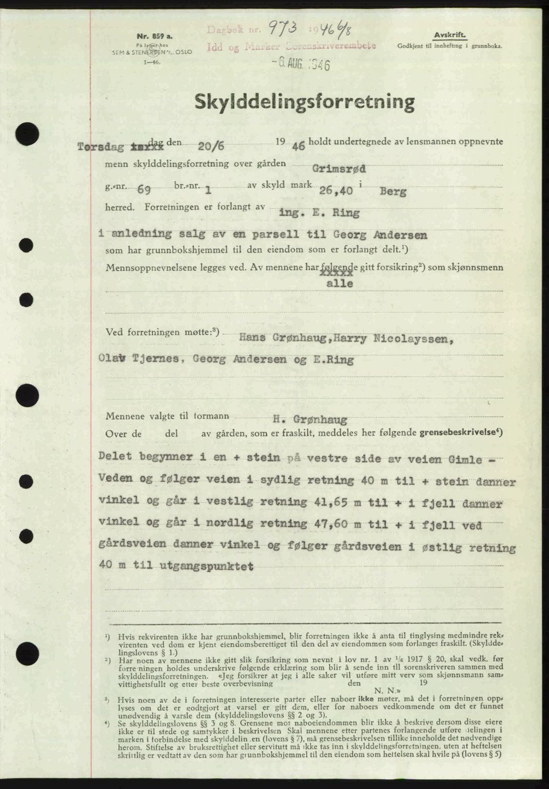 Idd og Marker sorenskriveri, AV/SAO-A-10283/G/Gb/Gbb/L0008: Mortgage book no. A8, 1946-1946, Diary no: : 973/1946