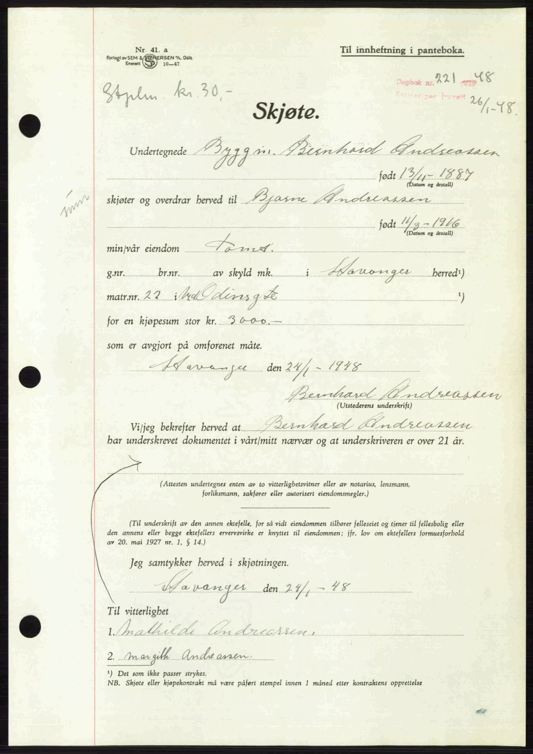 Stavanger byrett, SAST/A-100455/002/G/Gb/L0022: Mortgage book no. A11, 1947-1948, Diary no: : 221/1948