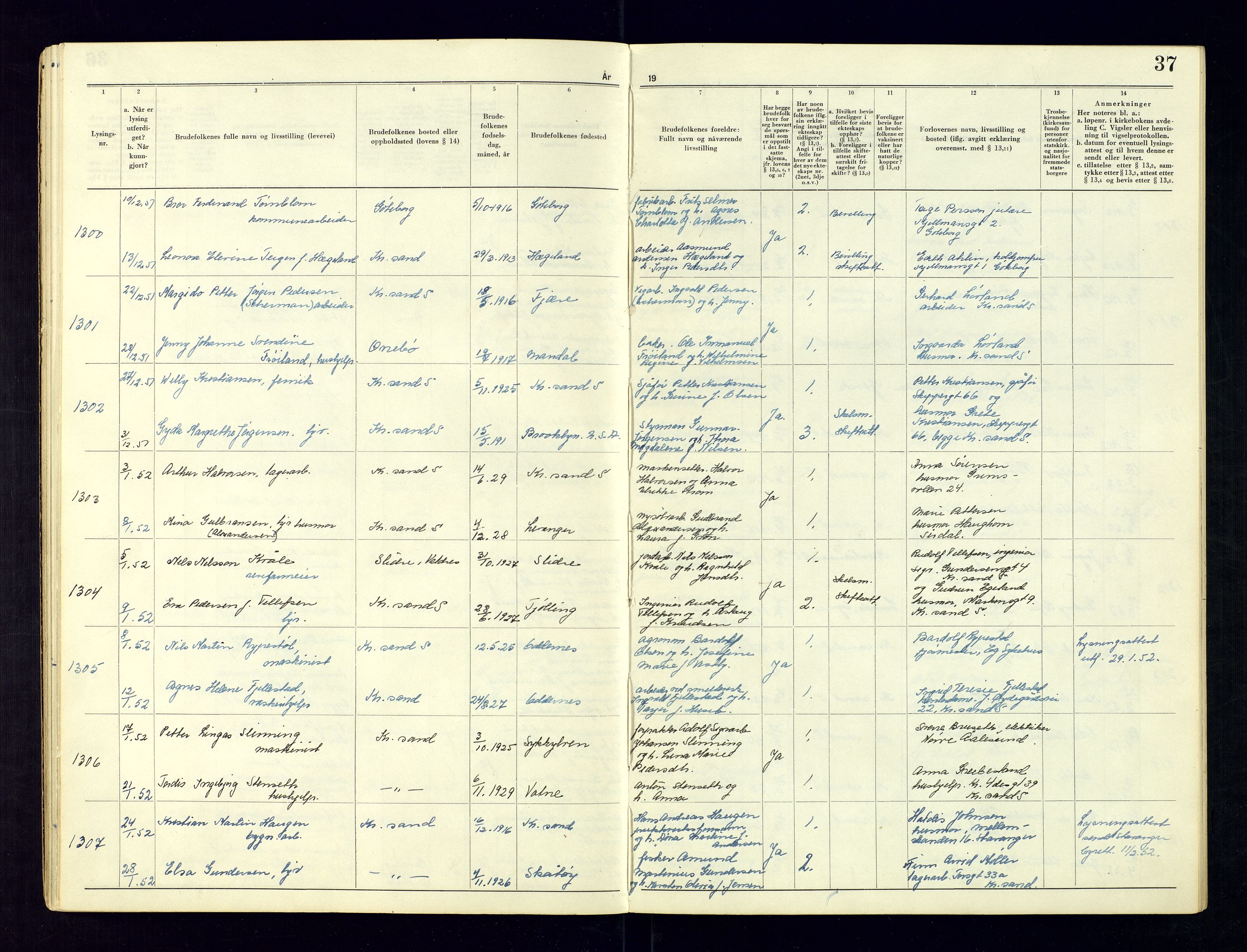 Kristiansand byrett - 2, AV/SAK-1223-0002/I/Ib/L0149/0004: Vigselbøker og lysningsbøker / Lysningsbok, 1946-1961, p. 37