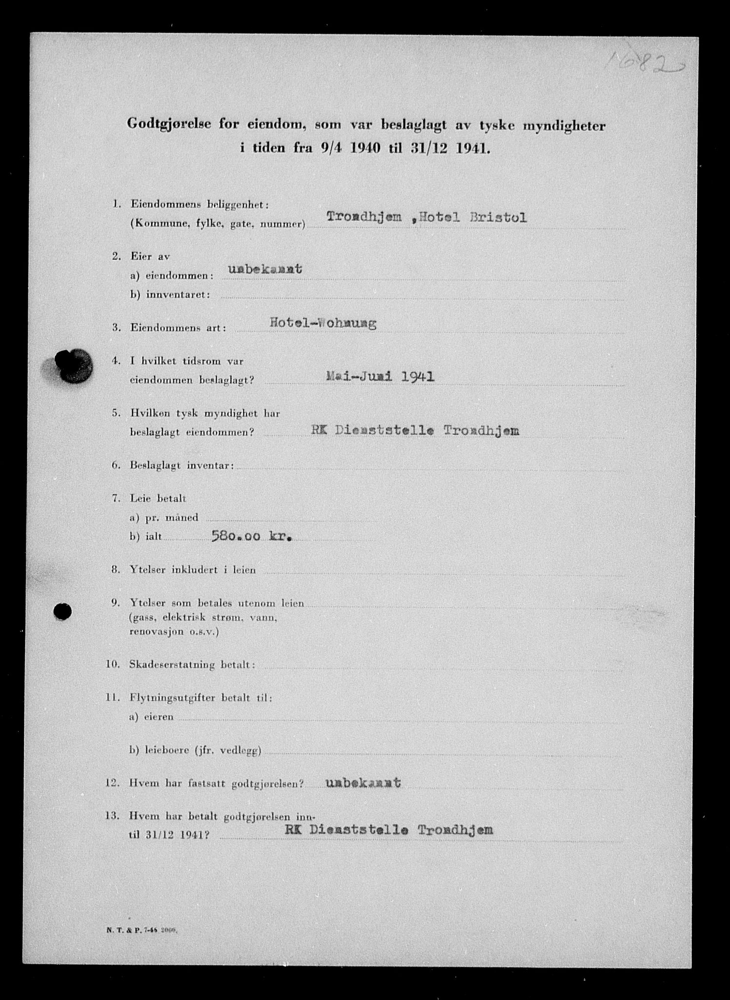 Justisdepartementet, Tilbakeføringskontoret for inndratte formuer, RA/S-1564/I/L1018: Godtgjørelse for beslaglagt eiendom, 1940-1941, p. 231