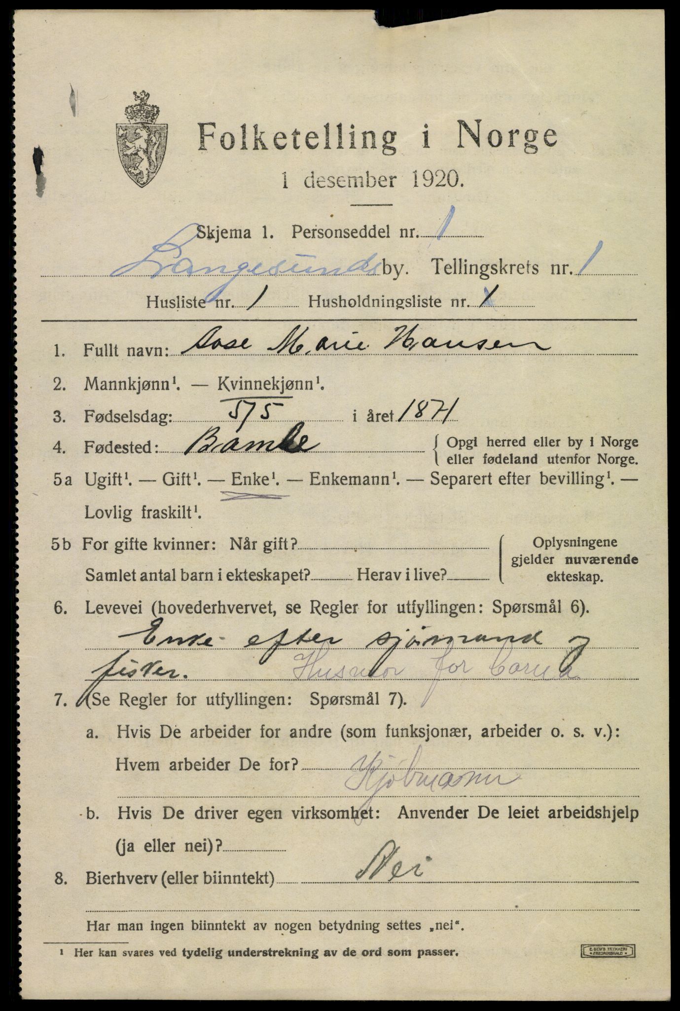 SAKO, 1920 census for Langesund, 1920, p. 1659