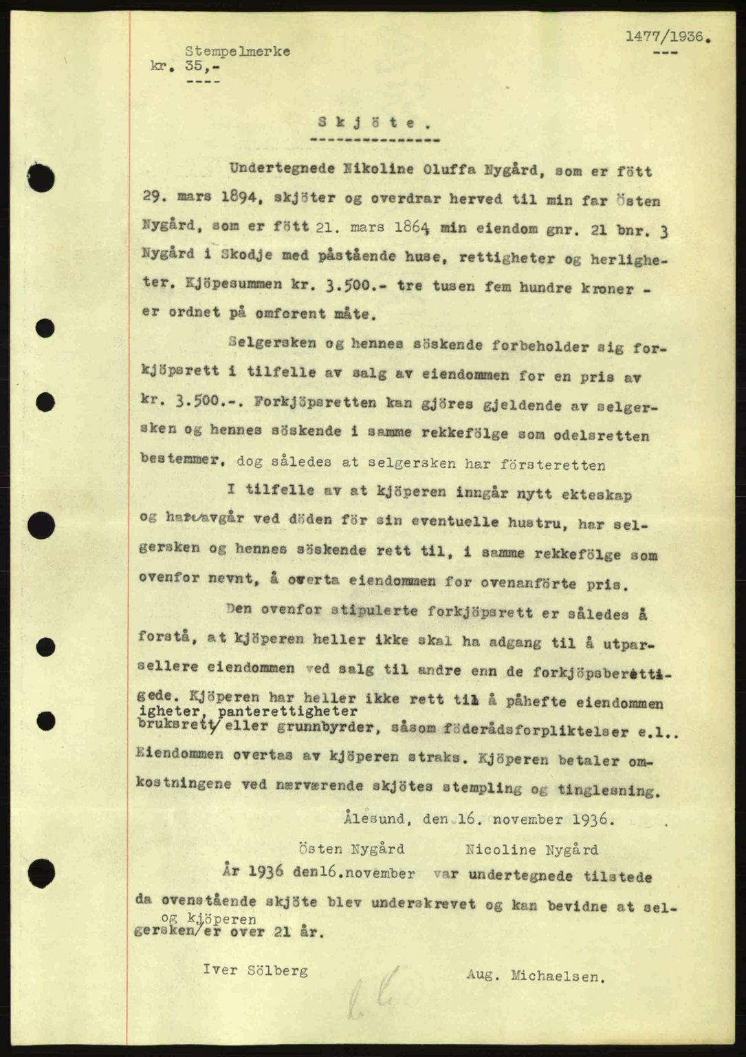 Nordre Sunnmøre sorenskriveri, AV/SAT-A-0006/1/2/2C/2Ca: Mortgage book no. A2, 1936-1937, Diary no: : 1477/1936