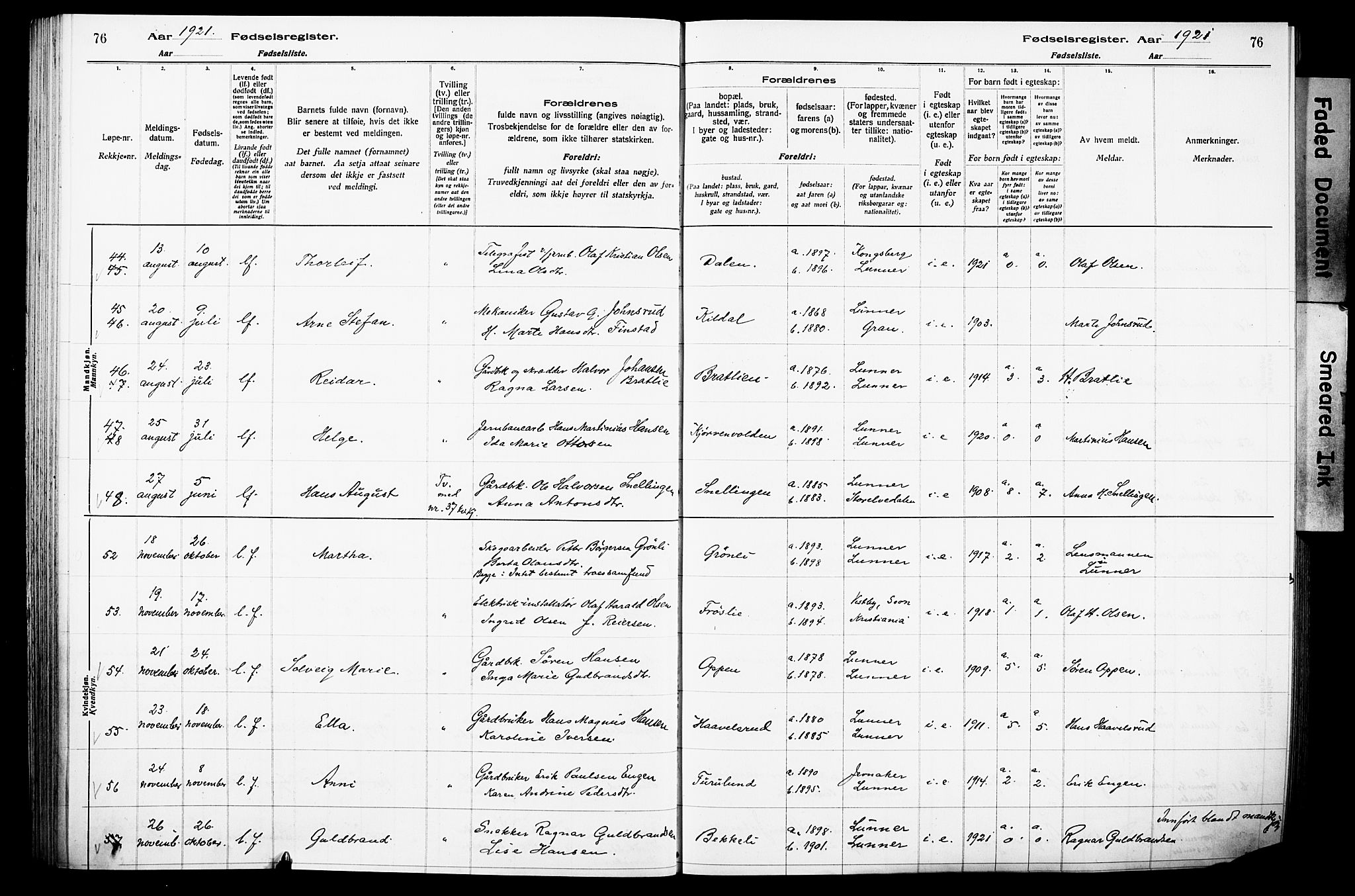 Lunner prestekontor, AV/SAH-PREST-118/I/Id/L0001: Birth register no. 1, 1916-1932, p. 76