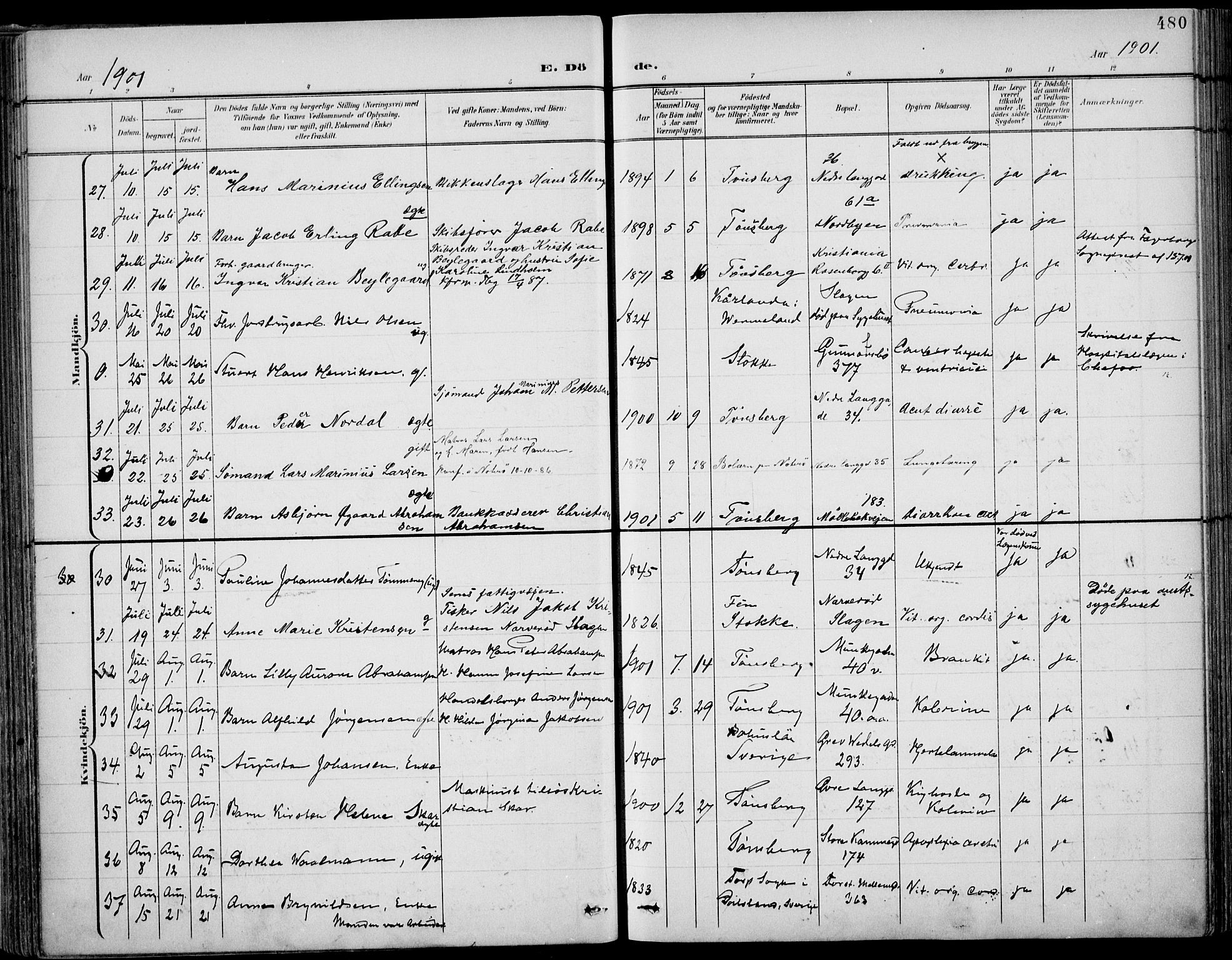 Tønsberg kirkebøker, AV/SAKO-A-330/F/Fa/L0013: Parish register (official) no. I 13, 1900-1913, p. 480