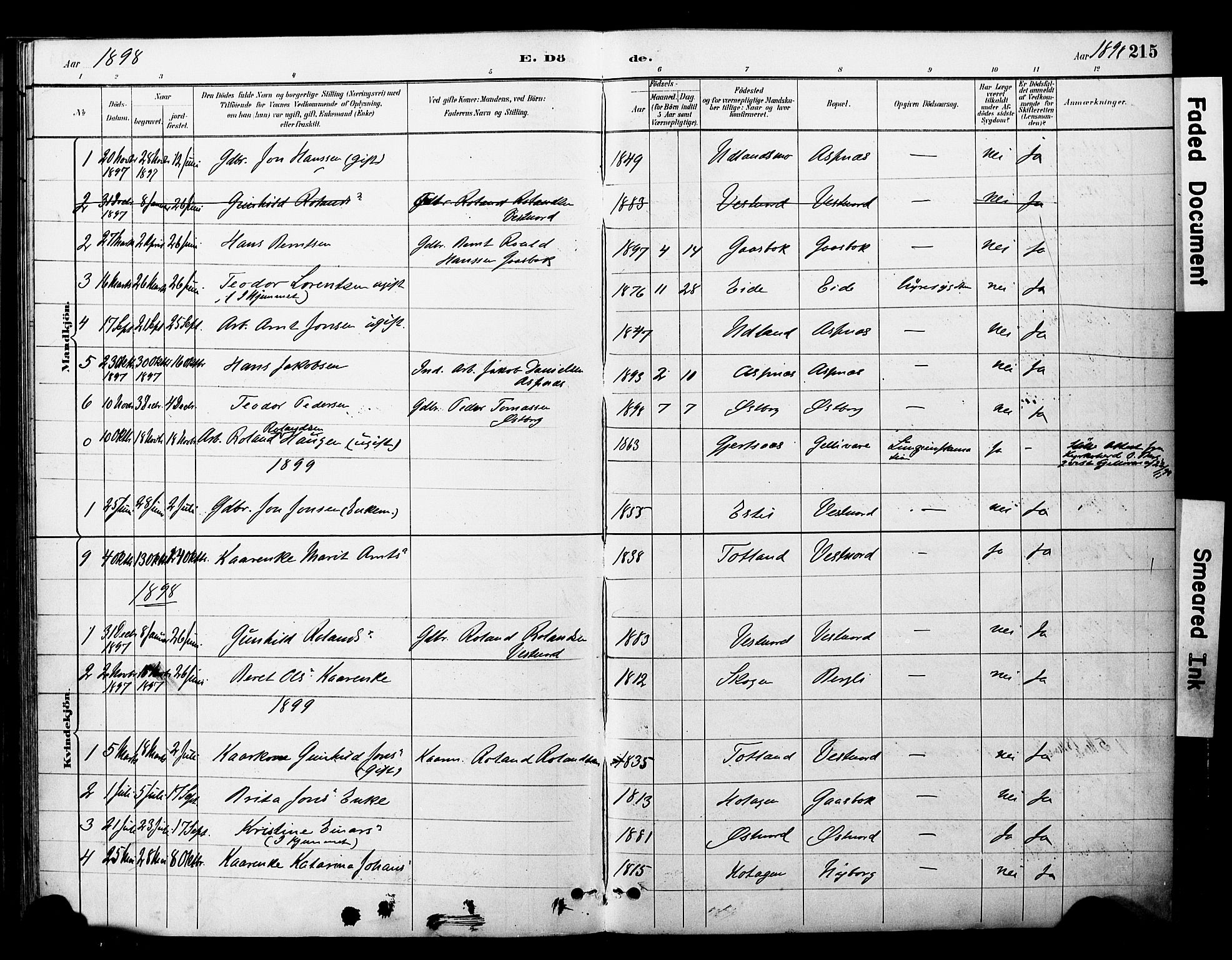 Ministerialprotokoller, klokkerbøker og fødselsregistre - Nord-Trøndelag, SAT/A-1458/757/L0505: Parish register (official) no. 757A01, 1882-1904, p. 215