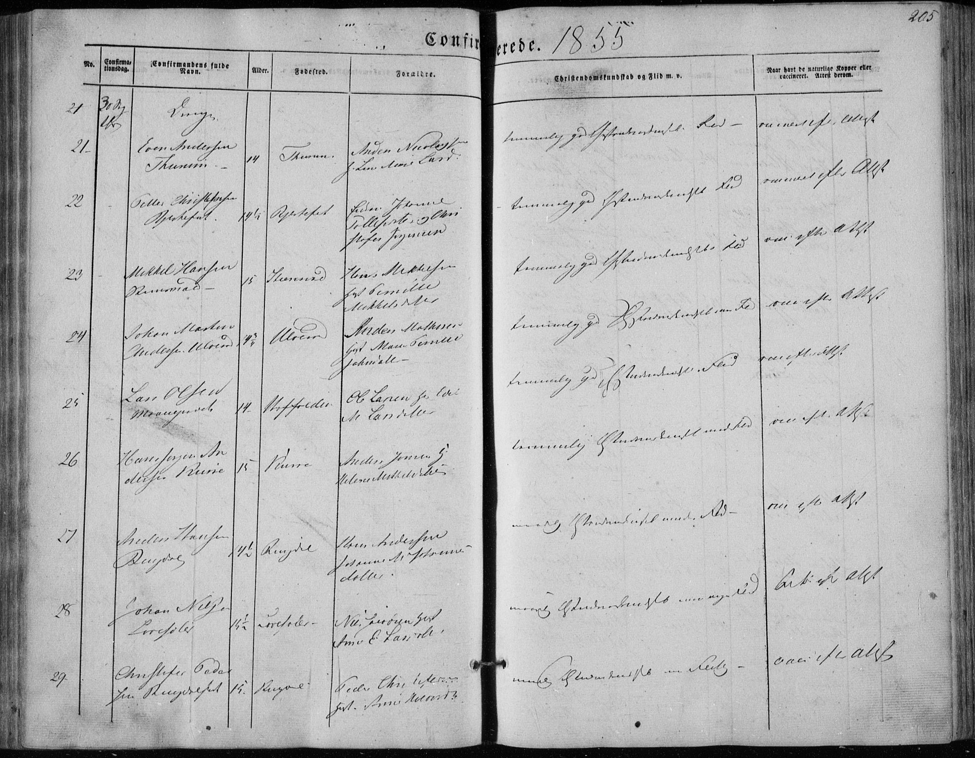 Hedrum kirkebøker, AV/SAKO-A-344/F/Fa/L0006: Parish register (official) no. I 6, 1849-1857, p. 205