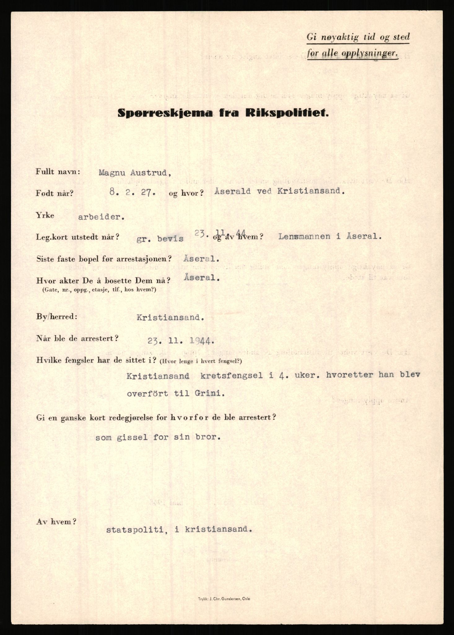 Rikspolitisjefen, AV/RA-S-1560/L/L0001: Abelseth, Rudolf - Berentsen, Odd, 1940-1945, p. 1049