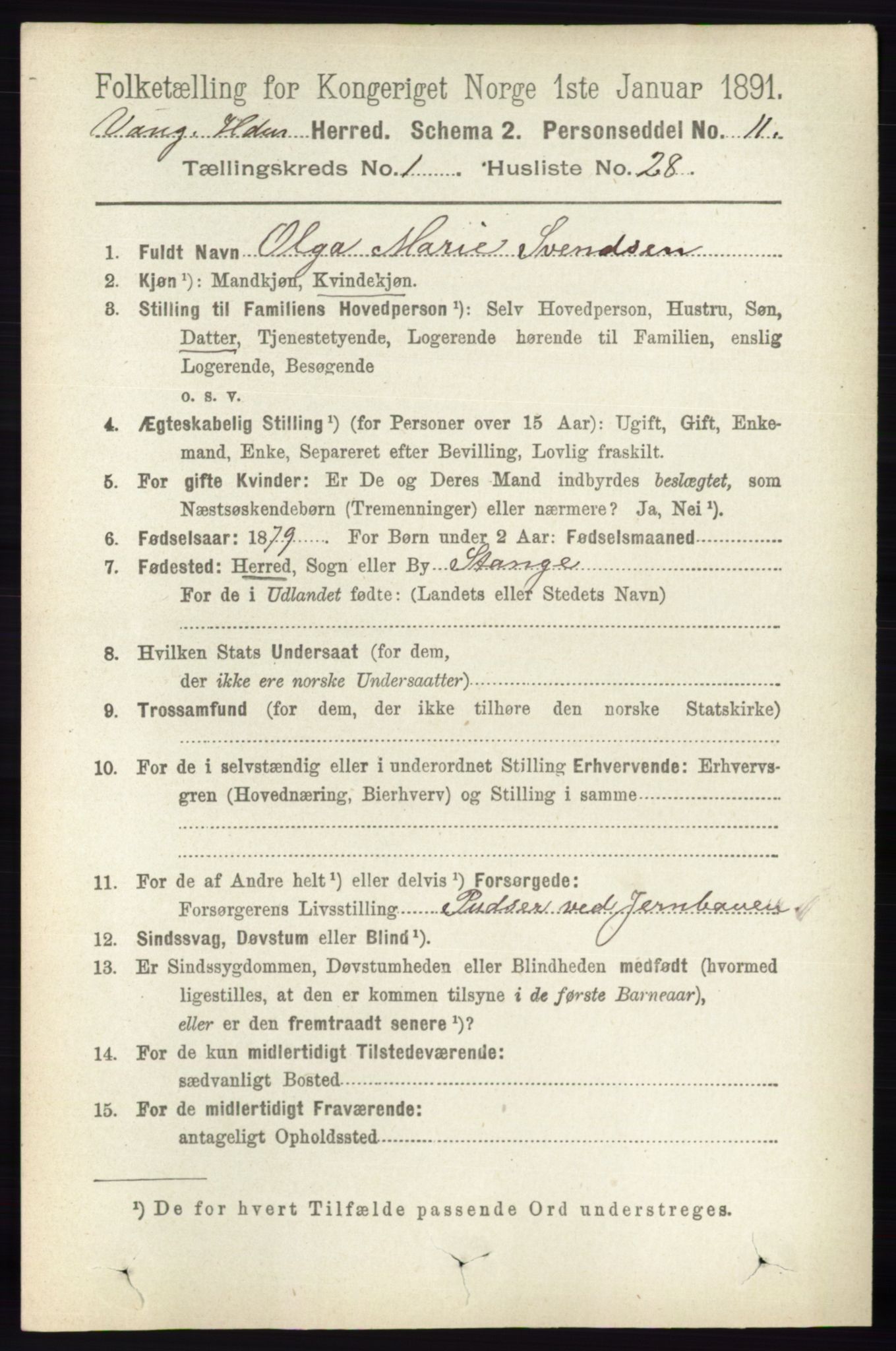 RA, 1891 census for 0414 Vang, 1891, p. 352