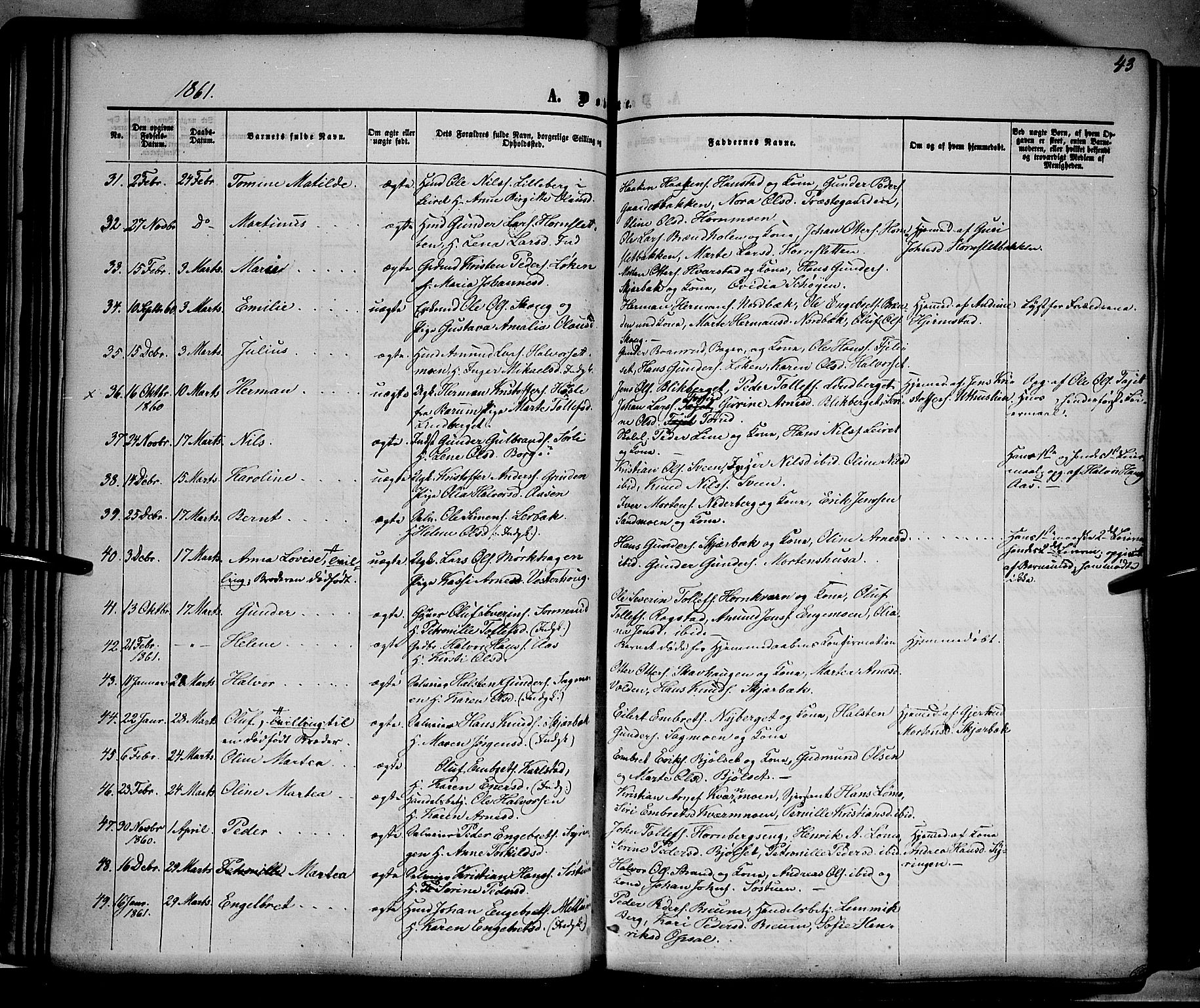 Elverum prestekontor, AV/SAH-PREST-044/H/Ha/Haa/L0010: Parish register (official) no. 10, 1857-1868, p. 43