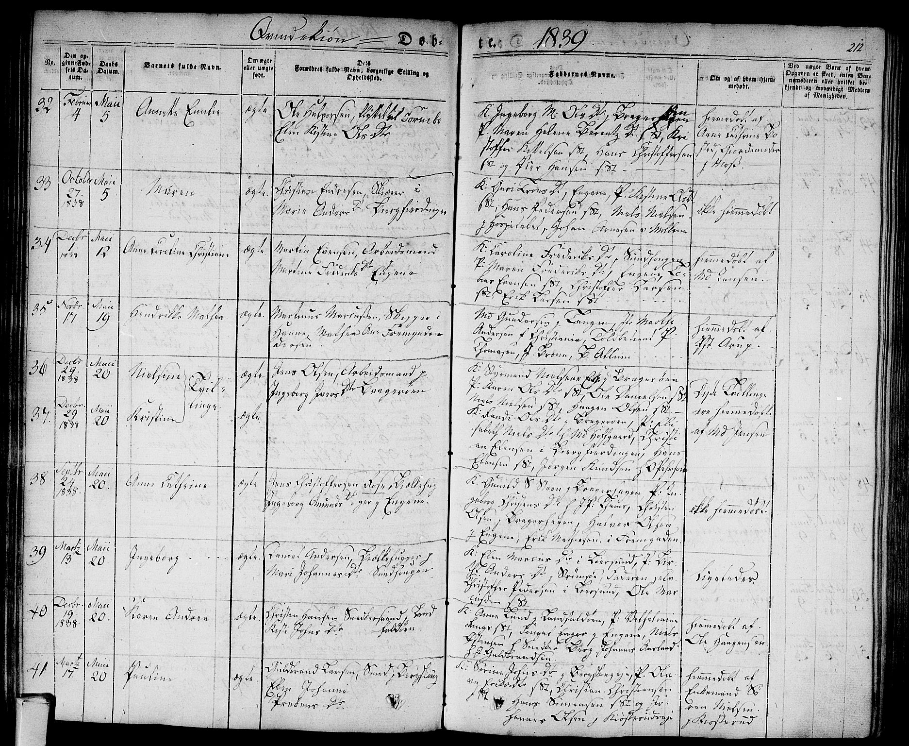 Bragernes kirkebøker, SAKO/A-6/F/Fb/L0001: Parish register (official) no. II 1, 1830-1847, p. 212