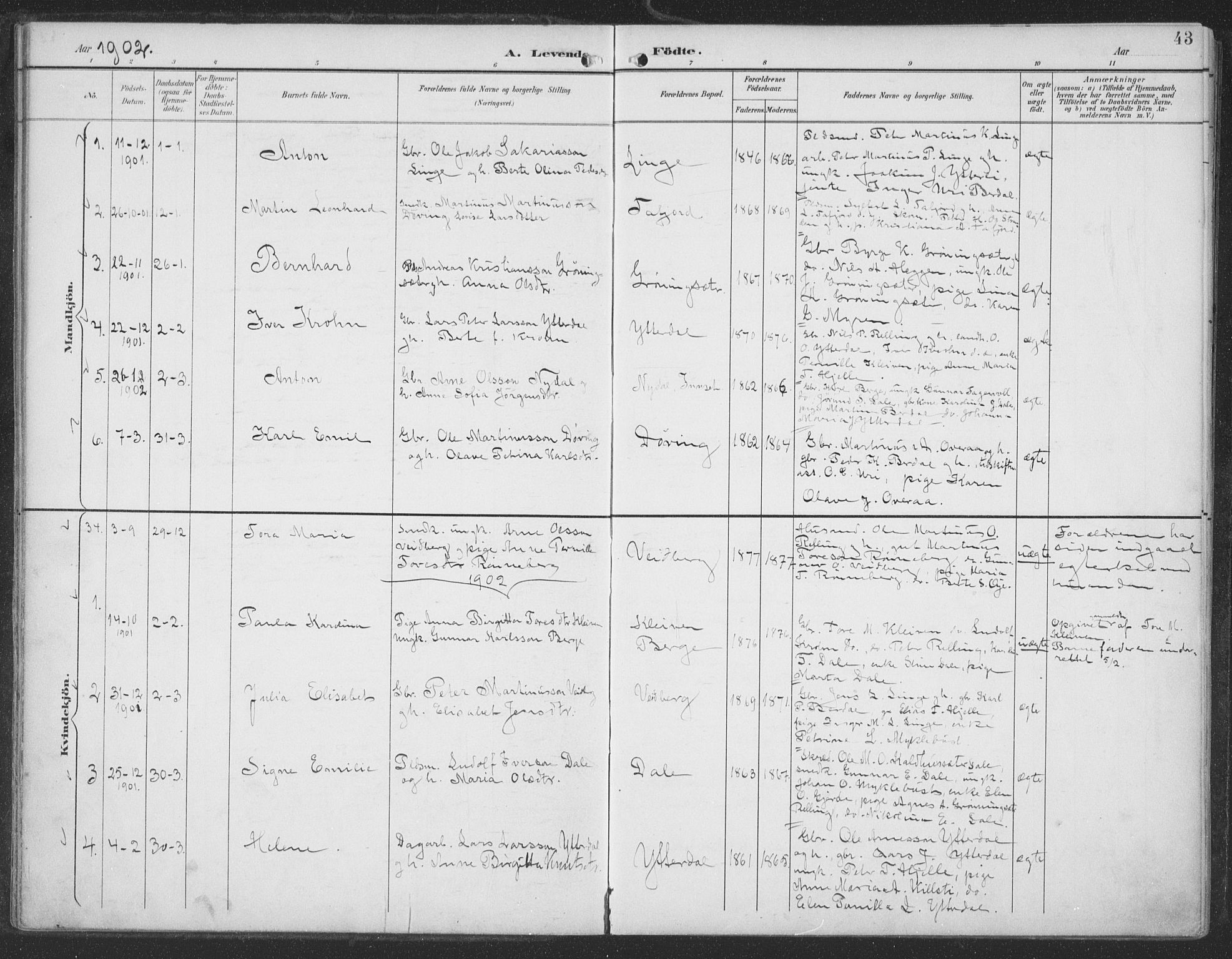 Ministerialprotokoller, klokkerbøker og fødselsregistre - Møre og Romsdal, SAT/A-1454/519/L0256: Parish register (official) no. 519A15, 1895-1912, p. 43