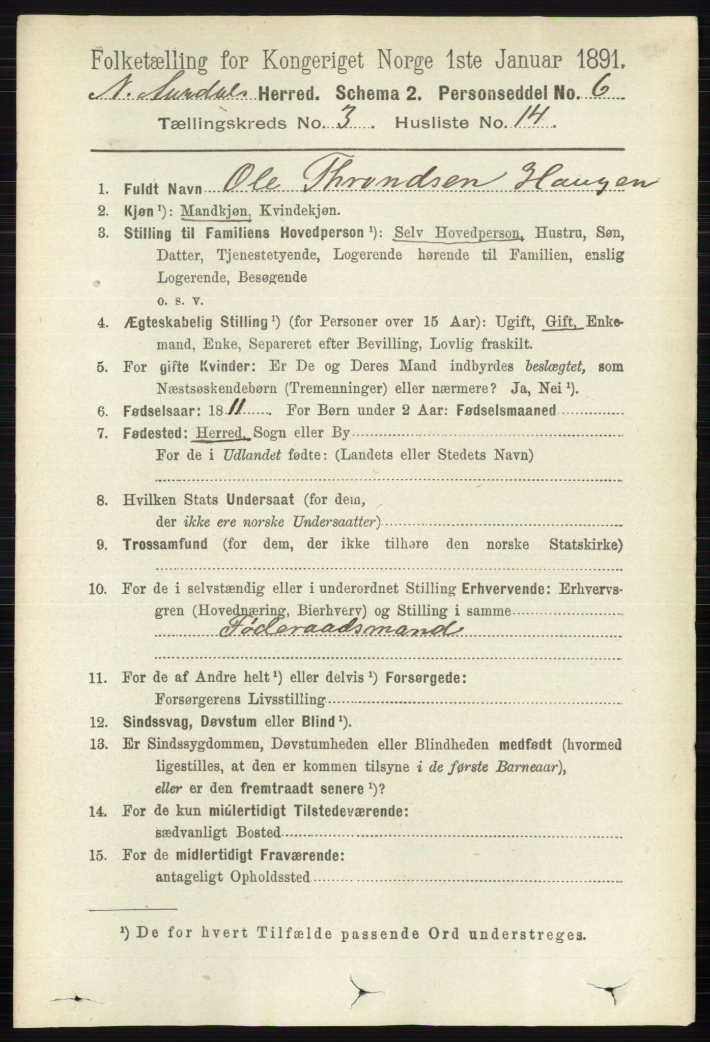 RA, 1891 census for 0542 Nord-Aurdal, 1891, p. 1018