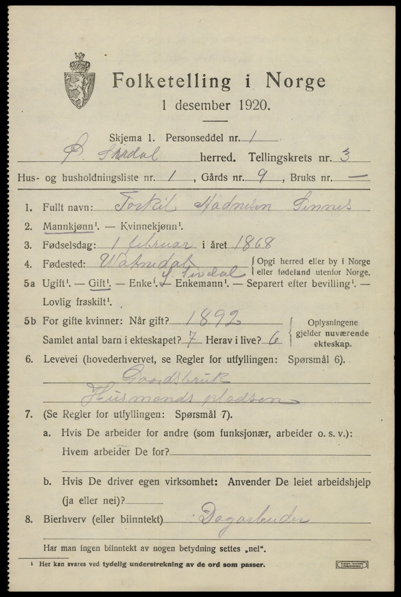 SAK, 1920 census for Øvre Sirdal, 1920, p. 533