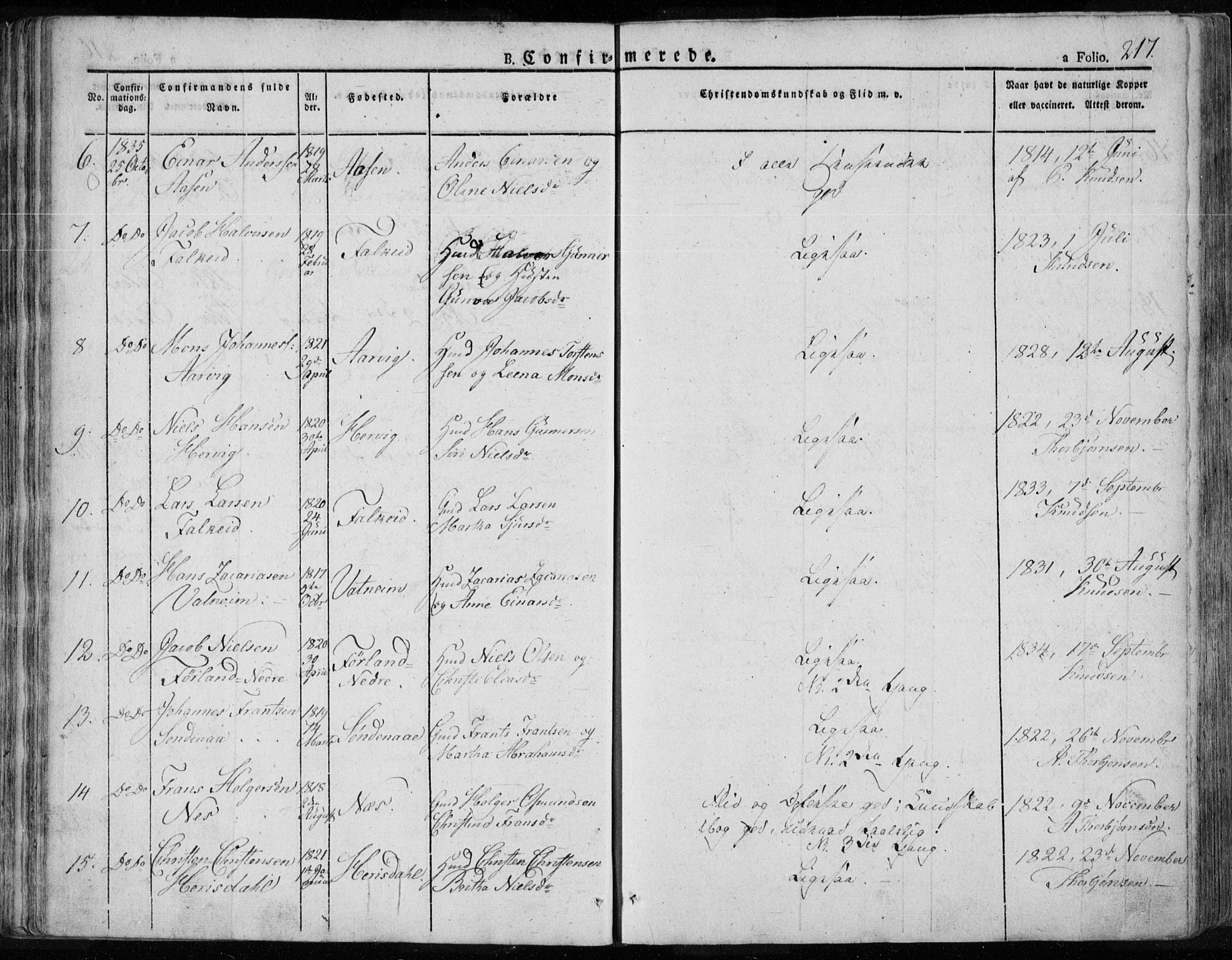 Tysvær sokneprestkontor, AV/SAST-A -101864/H/Ha/Haa/L0001: Parish register (official) no. A 1.1, 1831-1856, p. 217