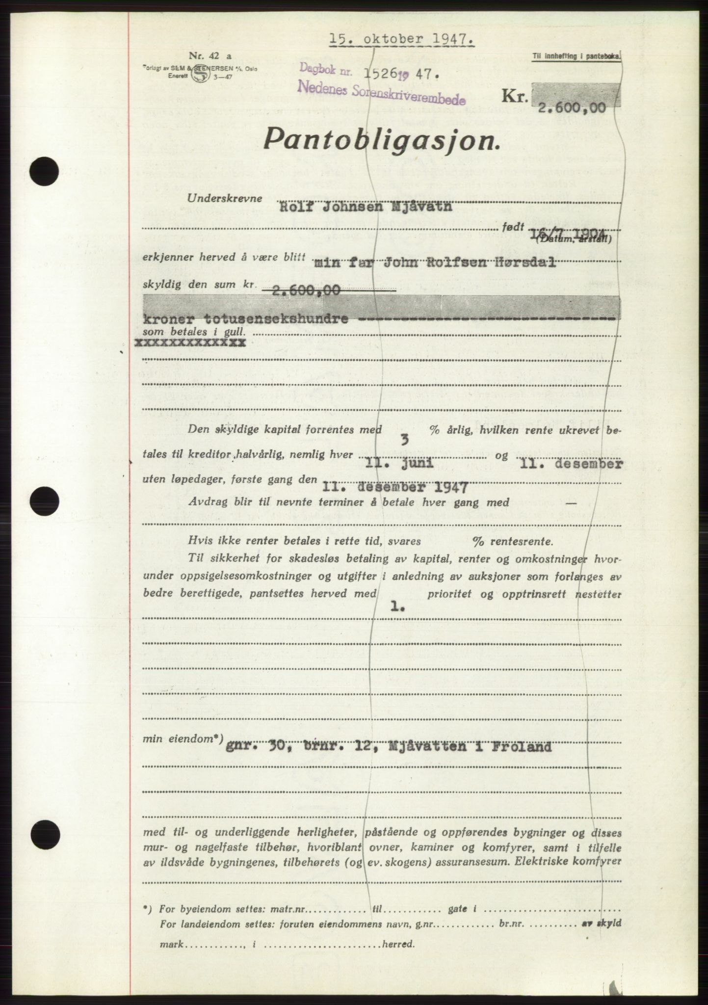 Nedenes sorenskriveri, AV/SAK-1221-0006/G/Gb/Gbb/L0004: Mortgage book no. B4, 1947-1947, Diary no: : 1526/1947