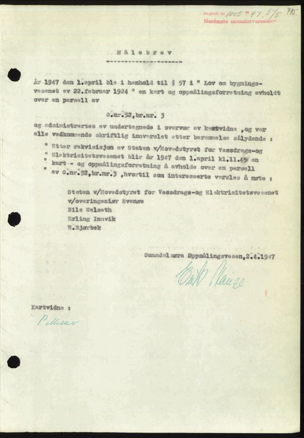 Nordmøre sorenskriveri, AV/SAT-A-4132/1/2/2Ca: Mortgage book no. A104, 1947-1947, Diary no: : 1005/1947