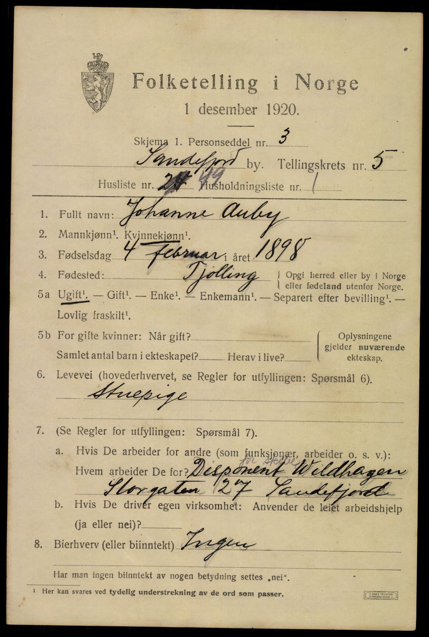 SAKO, 1920 census for Sandefjord, 1920, p. 9434