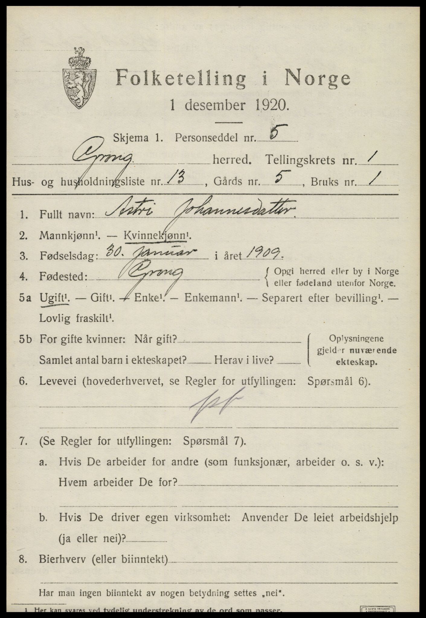 SAT, 1920 census for Grong, 1920, p. 1175