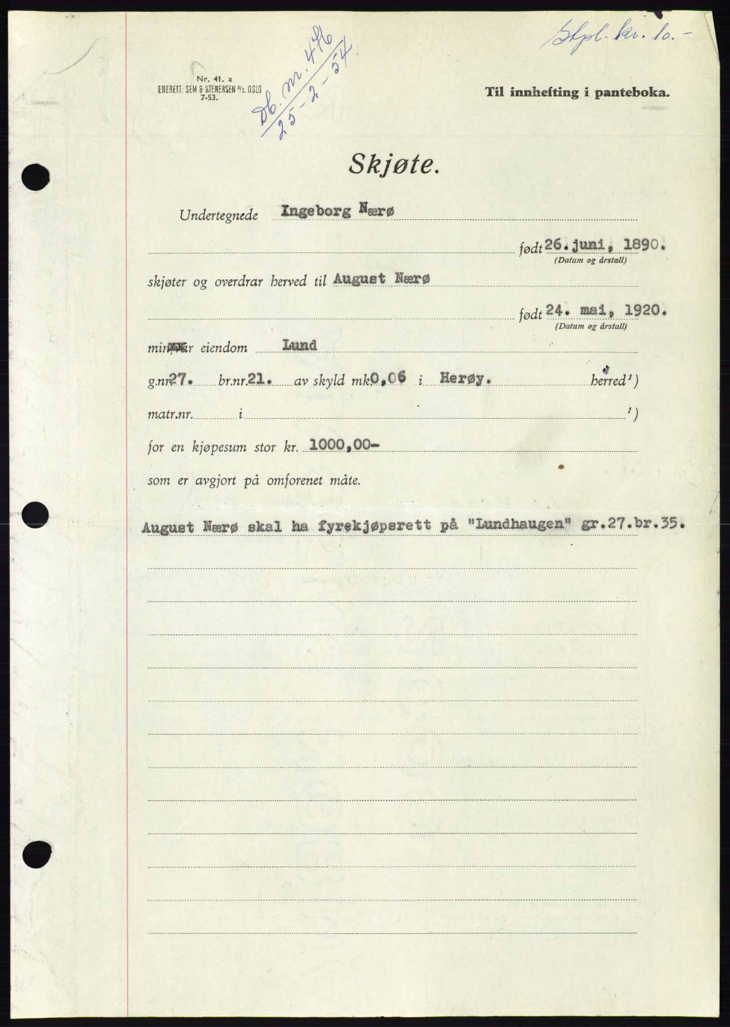 Søre Sunnmøre sorenskriveri, AV/SAT-A-4122/1/2/2C/L0097: Mortgage book no. 23A, 1954-1954, Diary no: : 476/1954