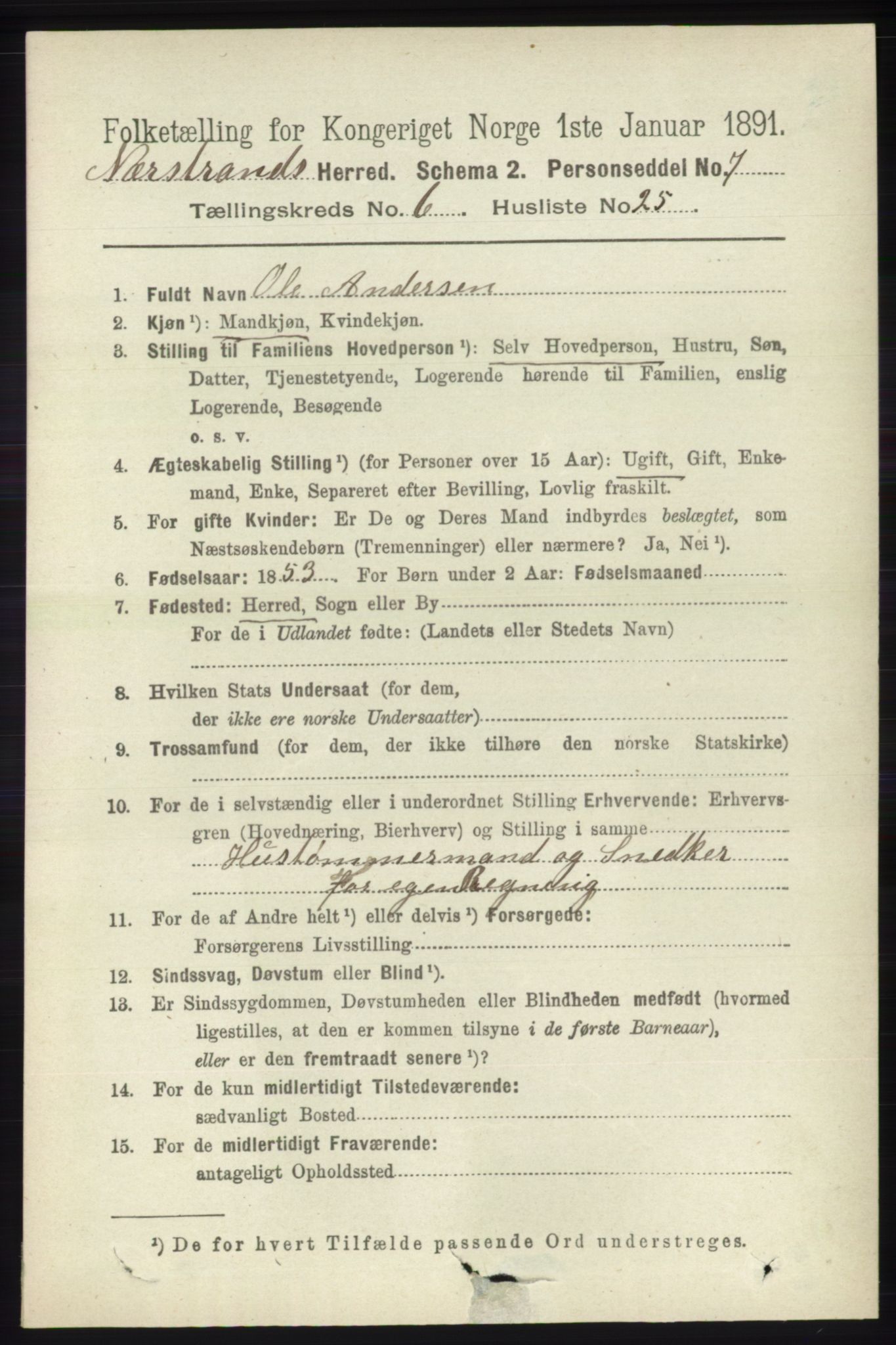 RA, 1891 census for 1139 Nedstrand, 1891, p. 1142