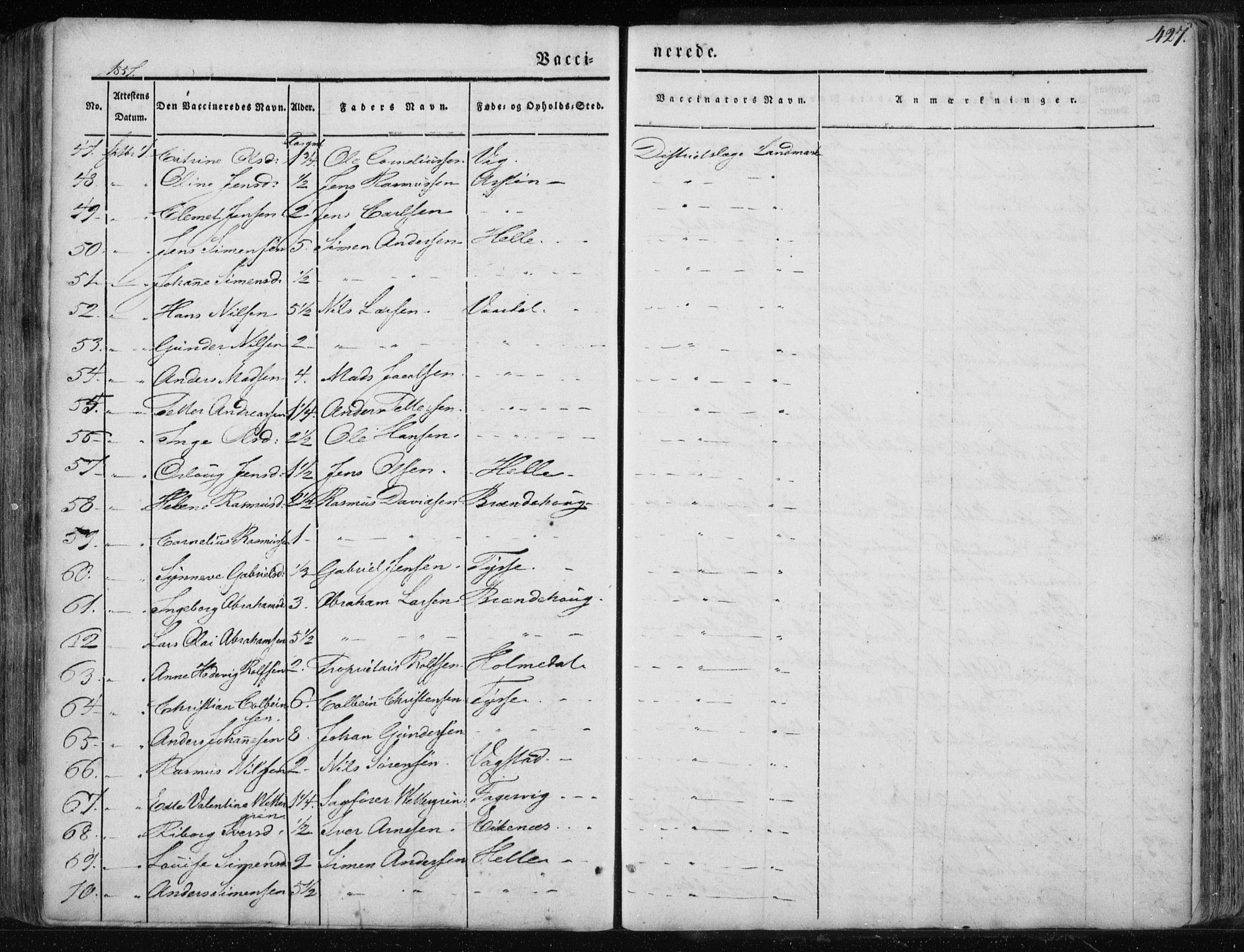 Fjaler sokneprestembete, SAB/A-79801/H/Haa/Haaa/L0006: Parish register (official) no. A 6, 1835-1884, p. 427