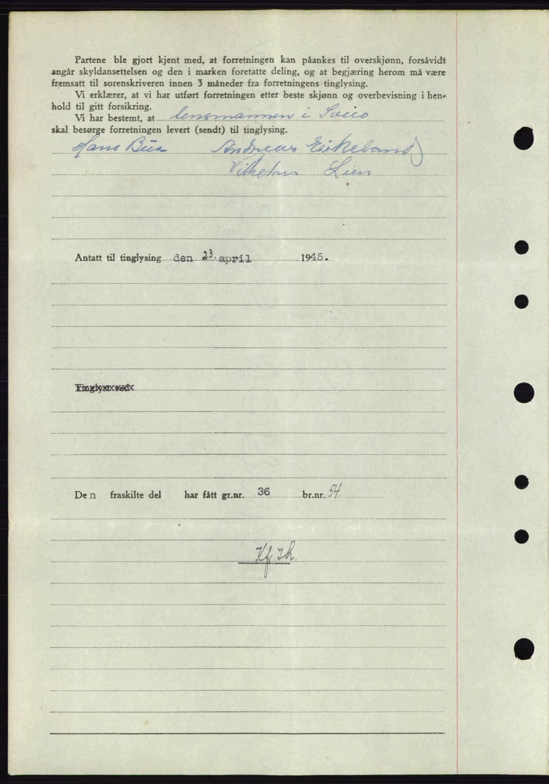 Sunnhordland sorenskrivar, AV/SAB-A-2401: Mortgage book no. A77, 1945-1945, Diary no: : 502/1945