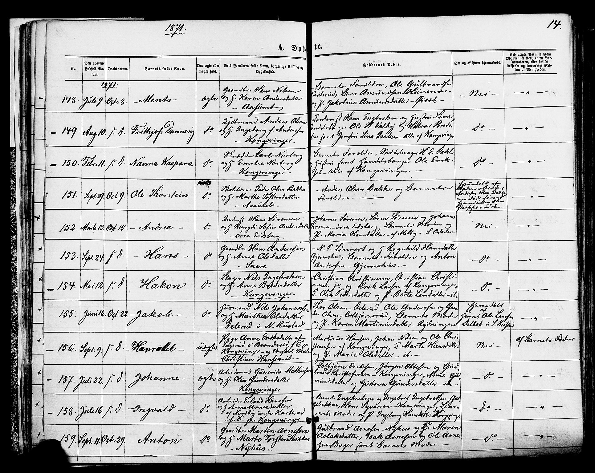 Vinger prestekontor, AV/SAH-PREST-024/H/Ha/Haa/L0012: Parish register (official) no. 12, 1871-1880, p. 14