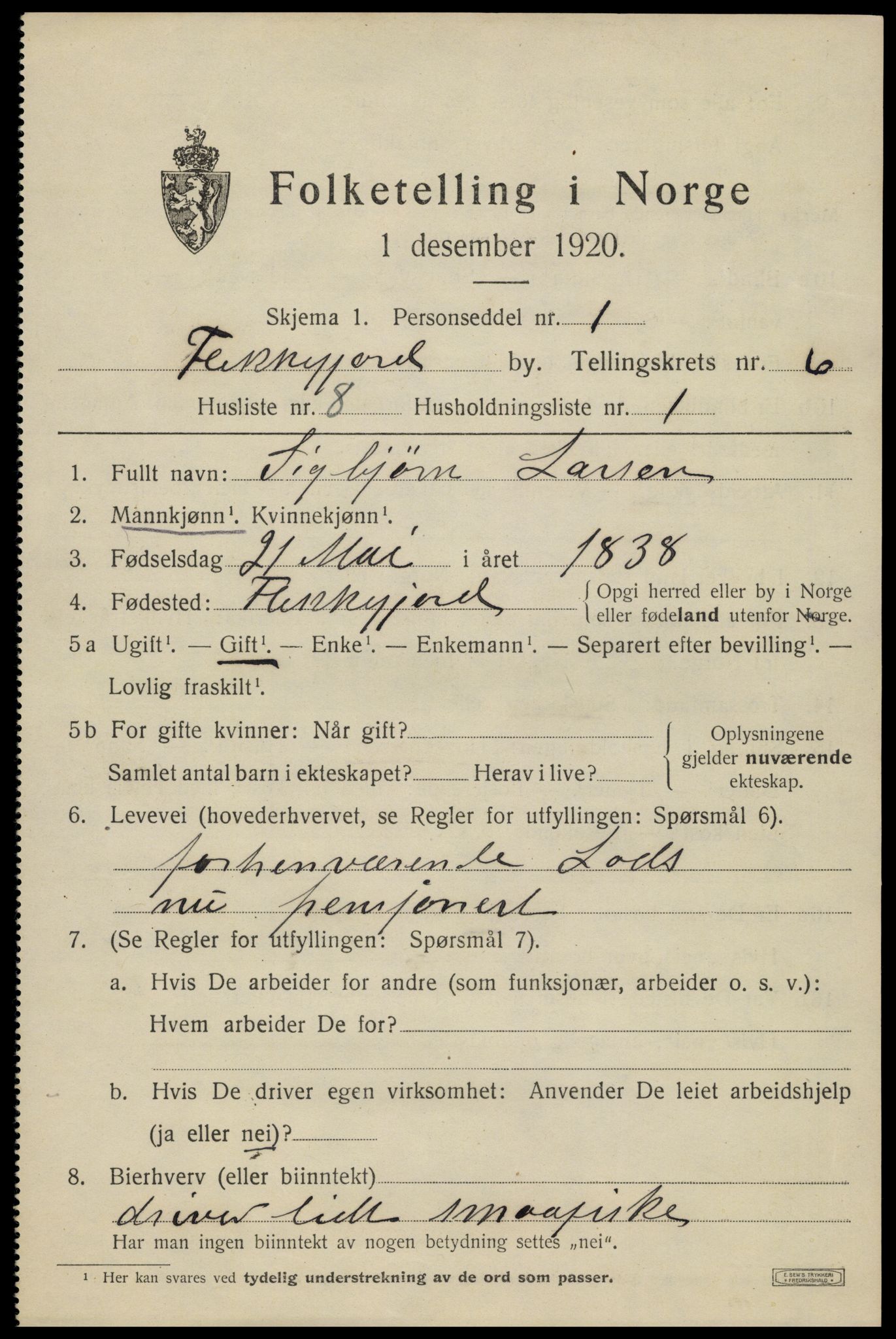SAK, 1920 census for Flekkefjord, 1920, p. 5832