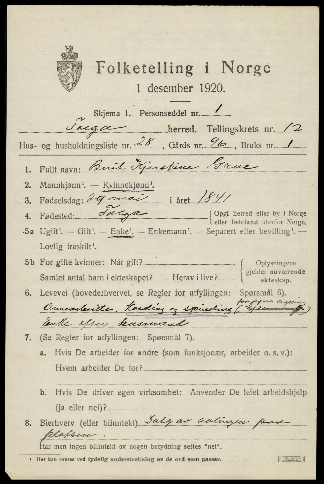 SAH, 1920 census for Tolga, 1920, p. 5815