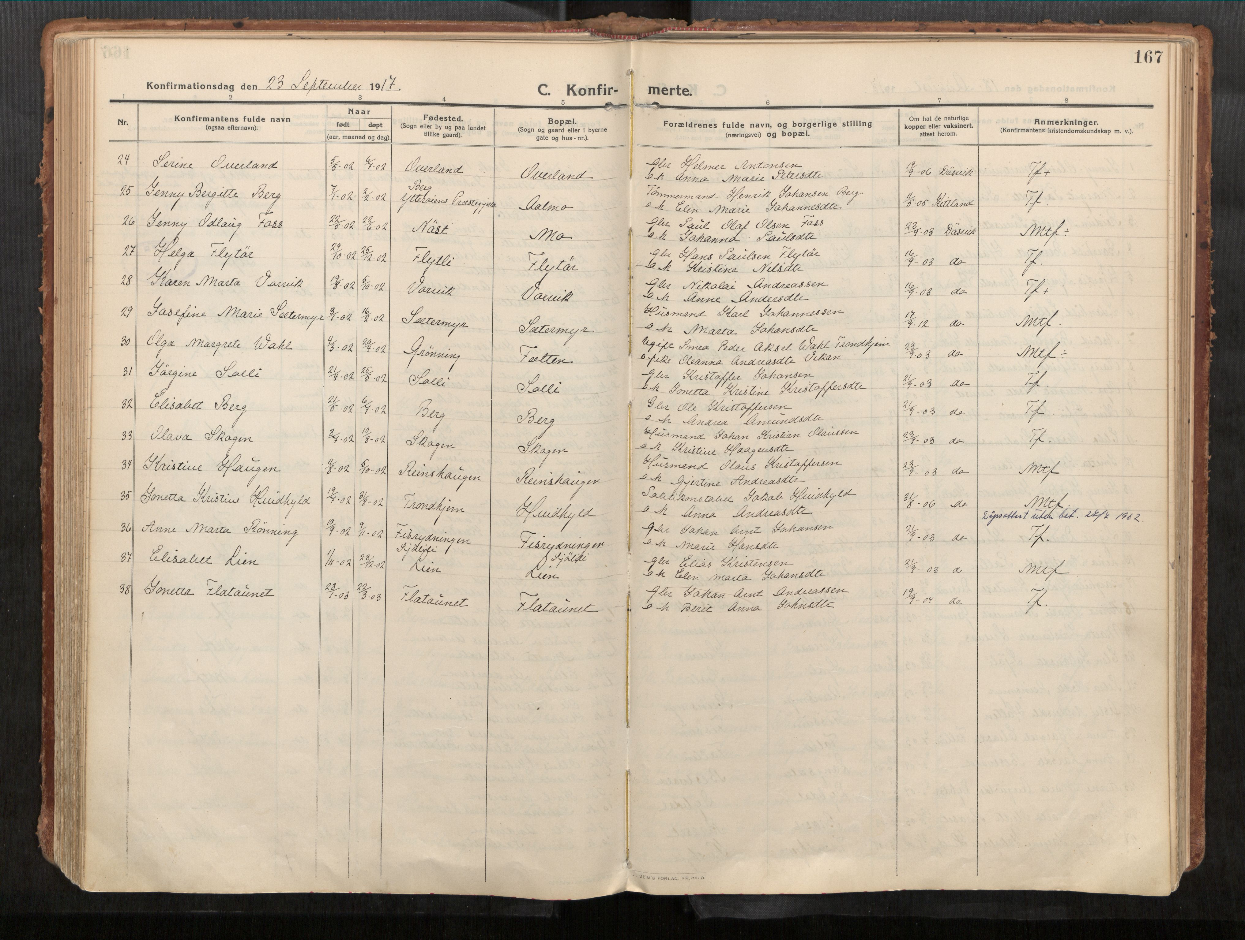 Stadsbygd sokneprestkontor, SAT/A-1117/1/I/I1/I1a/L0001: Parish register (official) no. 1, 1911-1929, p. 167