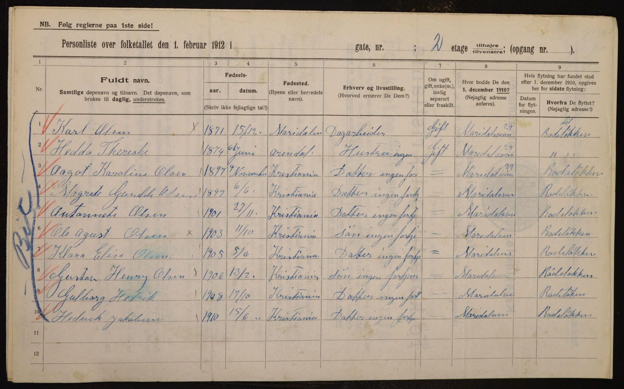 OBA, Municipal Census 1912 for Kristiania, 1912, p. 57852