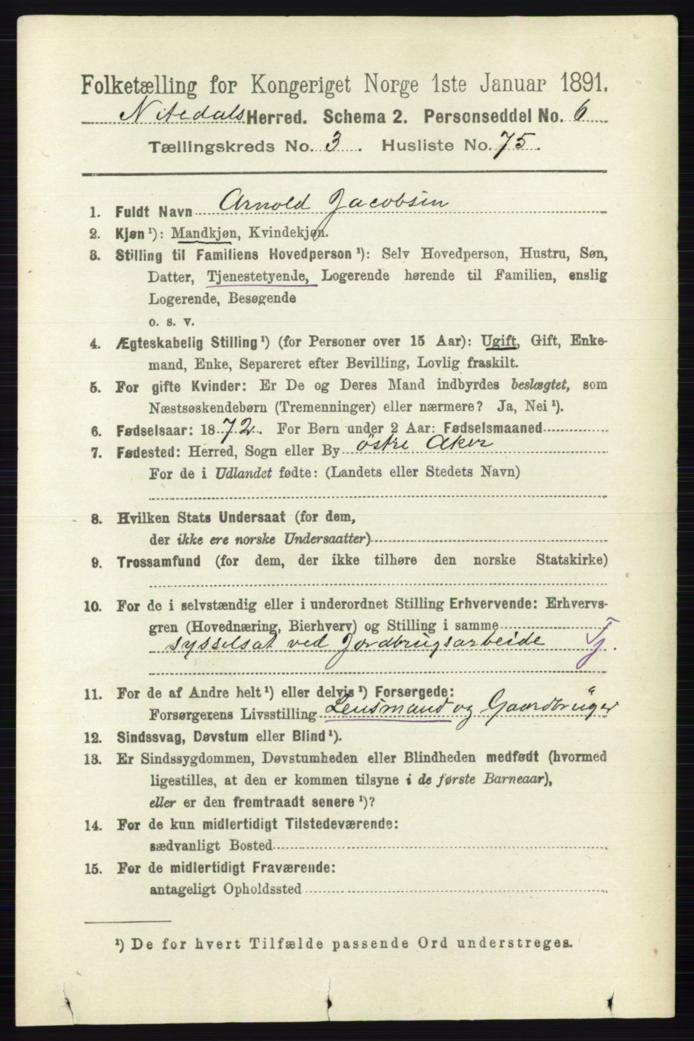 RA, 1891 census for 0233 Nittedal, 1891, p. 1616