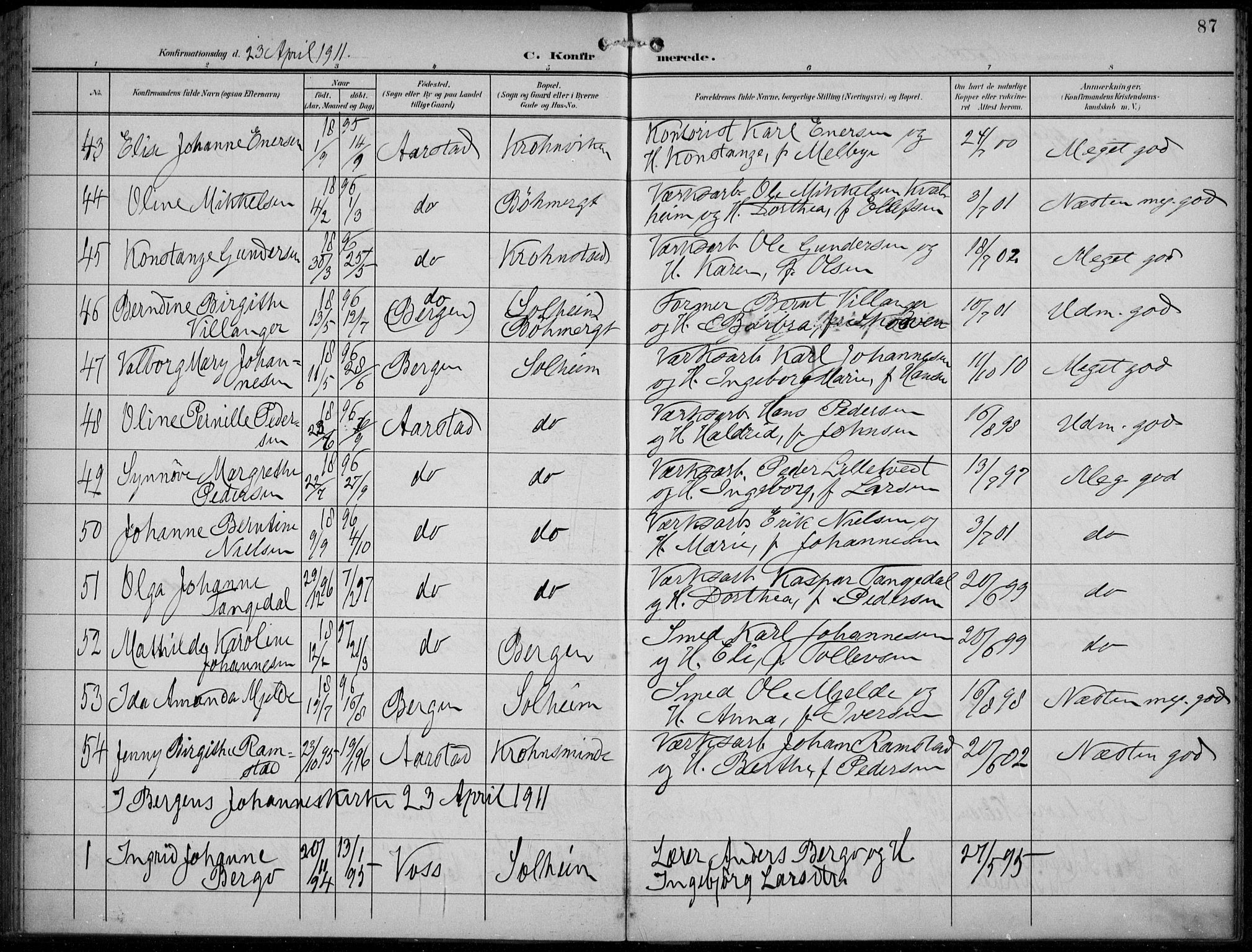 Årstad Sokneprestembete, AV/SAB-A-79301/H/Haa/L0007: Parish register (official) no. B 2, 1901-1914, p. 87