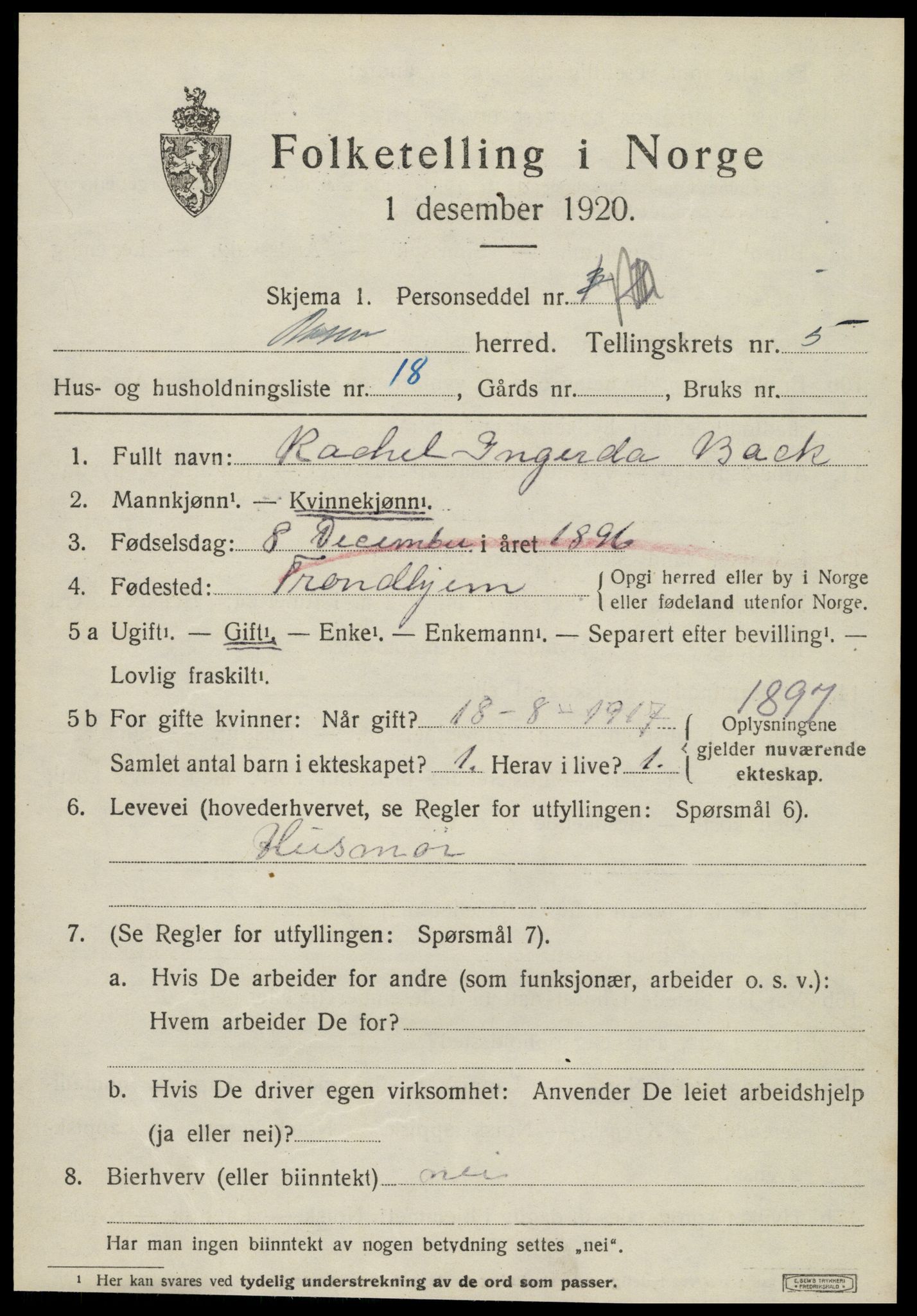SAT, 1920 census for Åsen, 1920, p. 4242