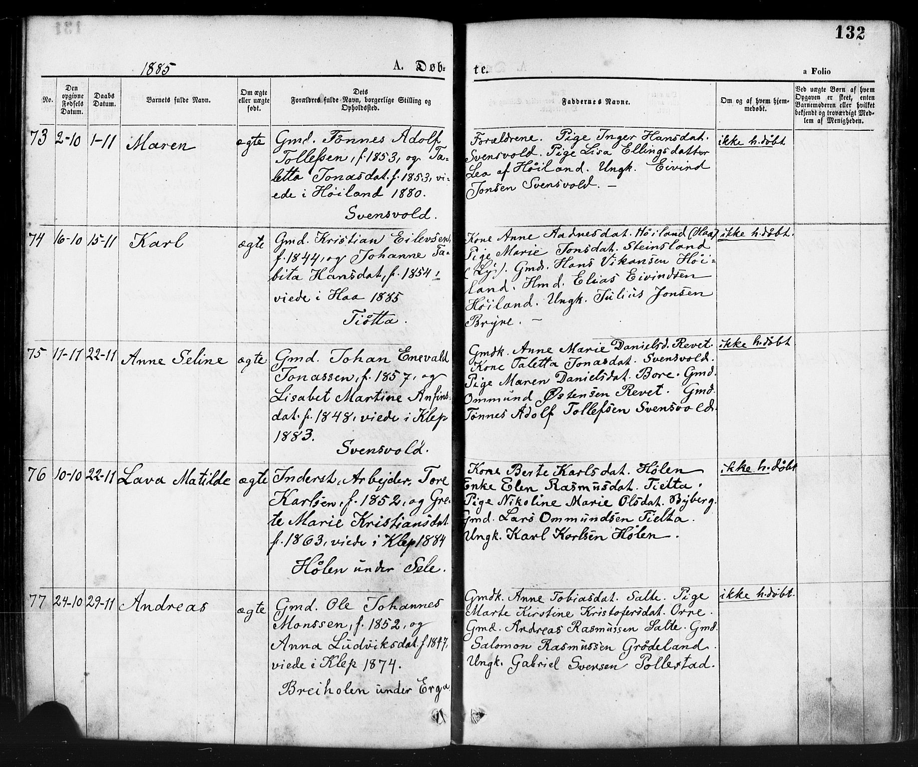 Klepp sokneprestkontor, AV/SAST-A-101803/001/3/30BA/L0006: Parish register (official) no. A 6, 1871-1885, p. 132