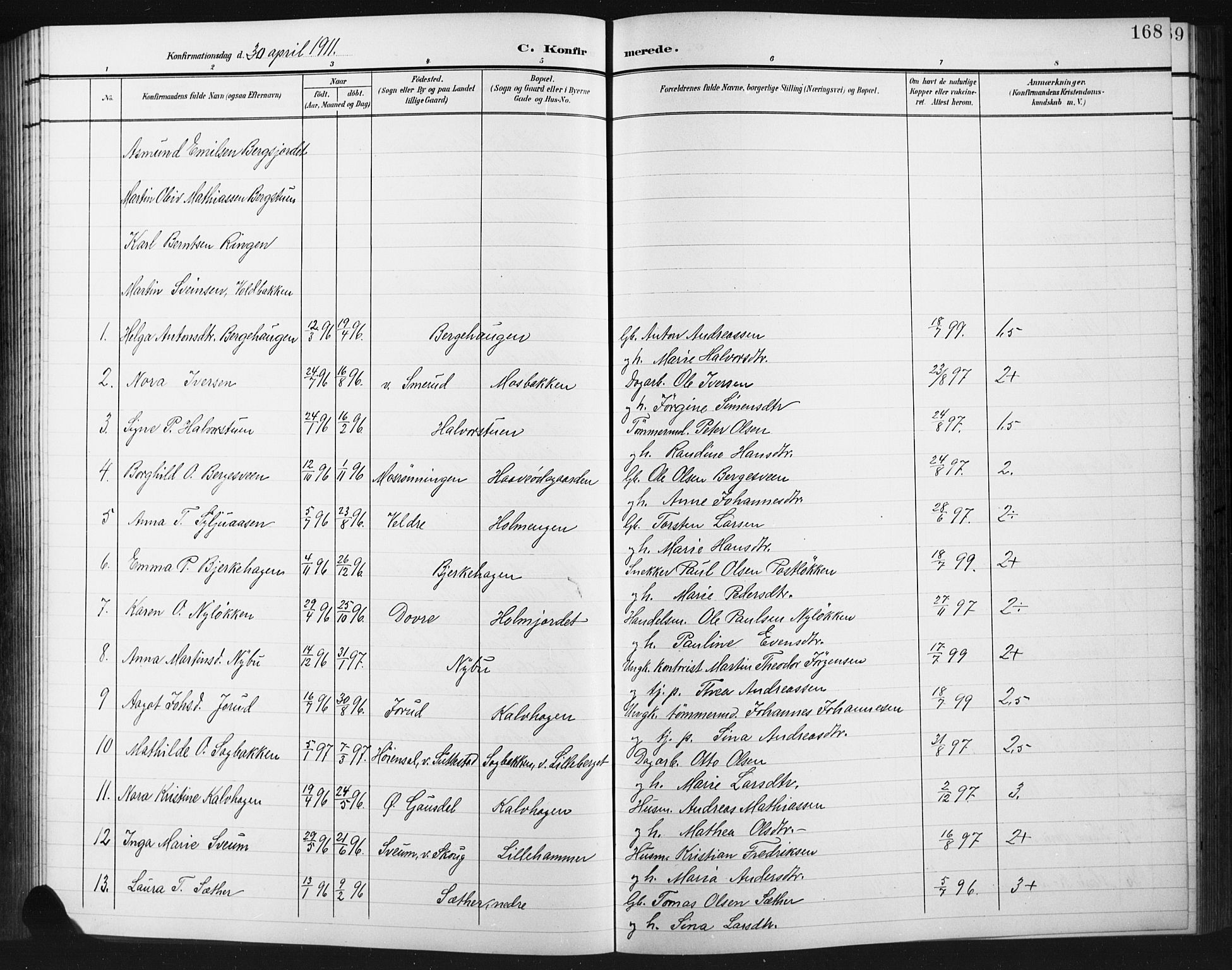 Fåberg prestekontor, AV/SAH-PREST-086/H/Ha/Hab/L0012: Parish register (copy) no. 12, 1903-1924, p. 168