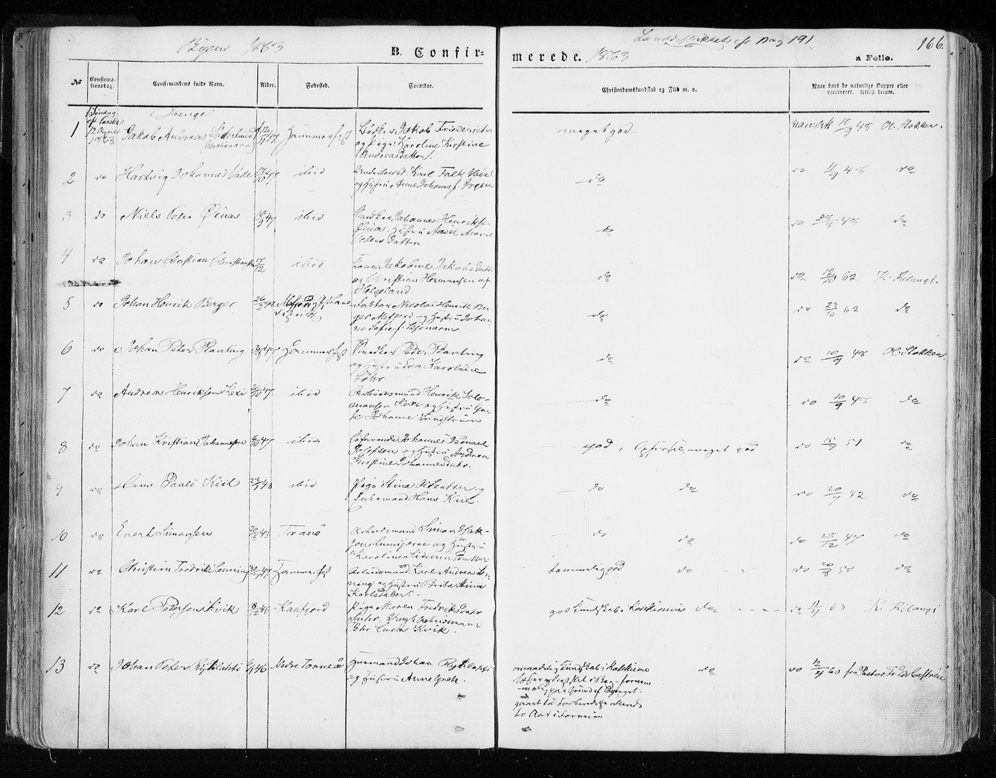 Hammerfest sokneprestkontor, SATØ/S-1347/H/Ha/L0005.kirke: Parish register (official) no. 5, 1857-1869, p. 166