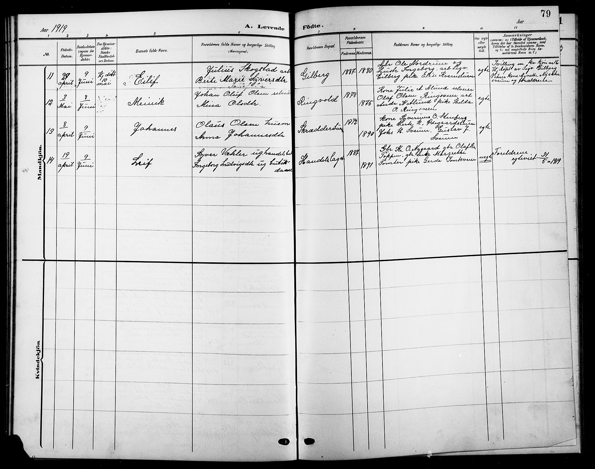 Biri prestekontor, AV/SAH-PREST-096/H/Ha/Hab/L0005: Parish register (copy) no. 5, 1906-1919, p. 79