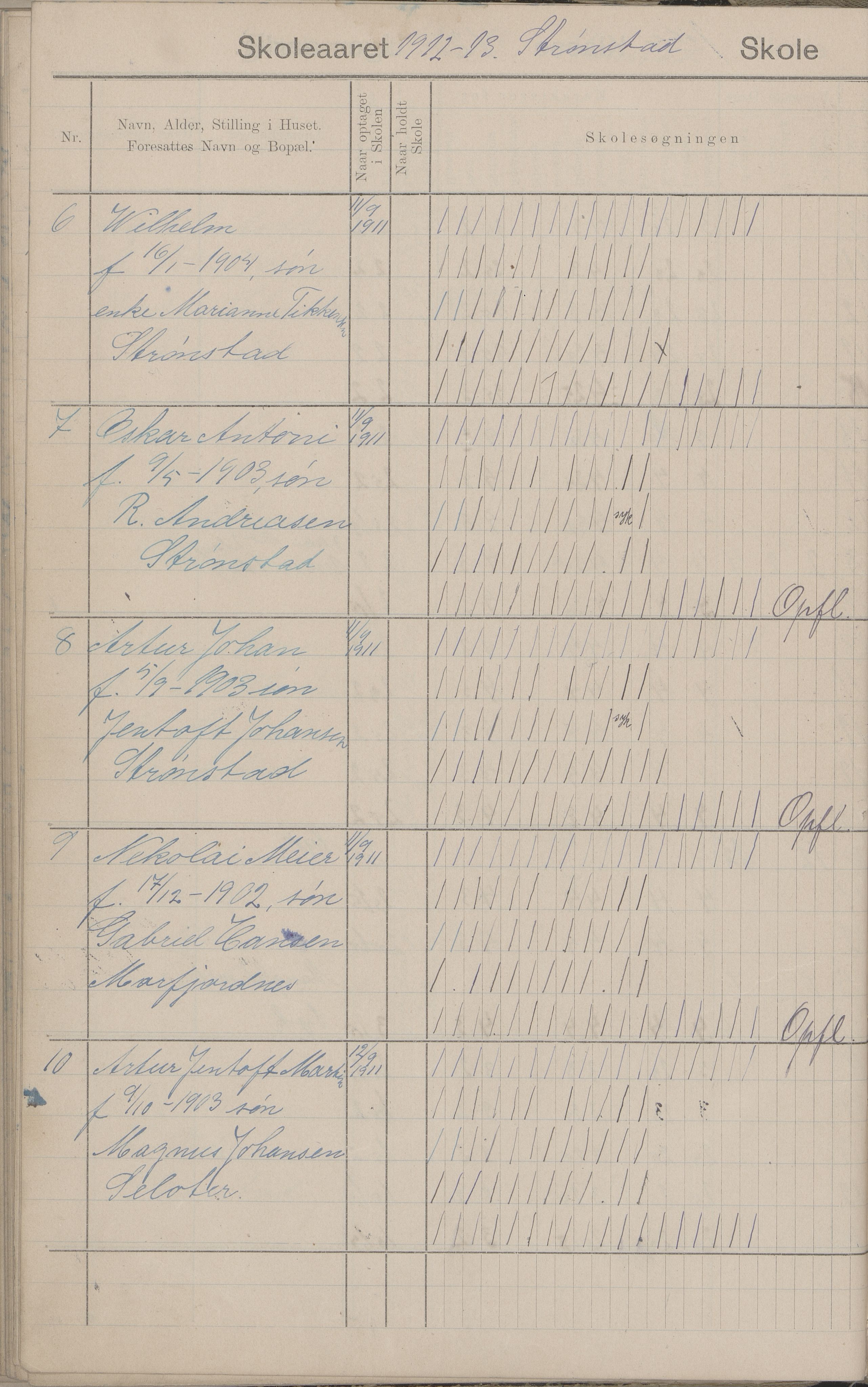 Hadsel kommune. Strønstad skolekrets, AIN/K-18660.510.13/G/L0001: Skoleprotokoll for Strønstad skole - Seloter, 1905-1914