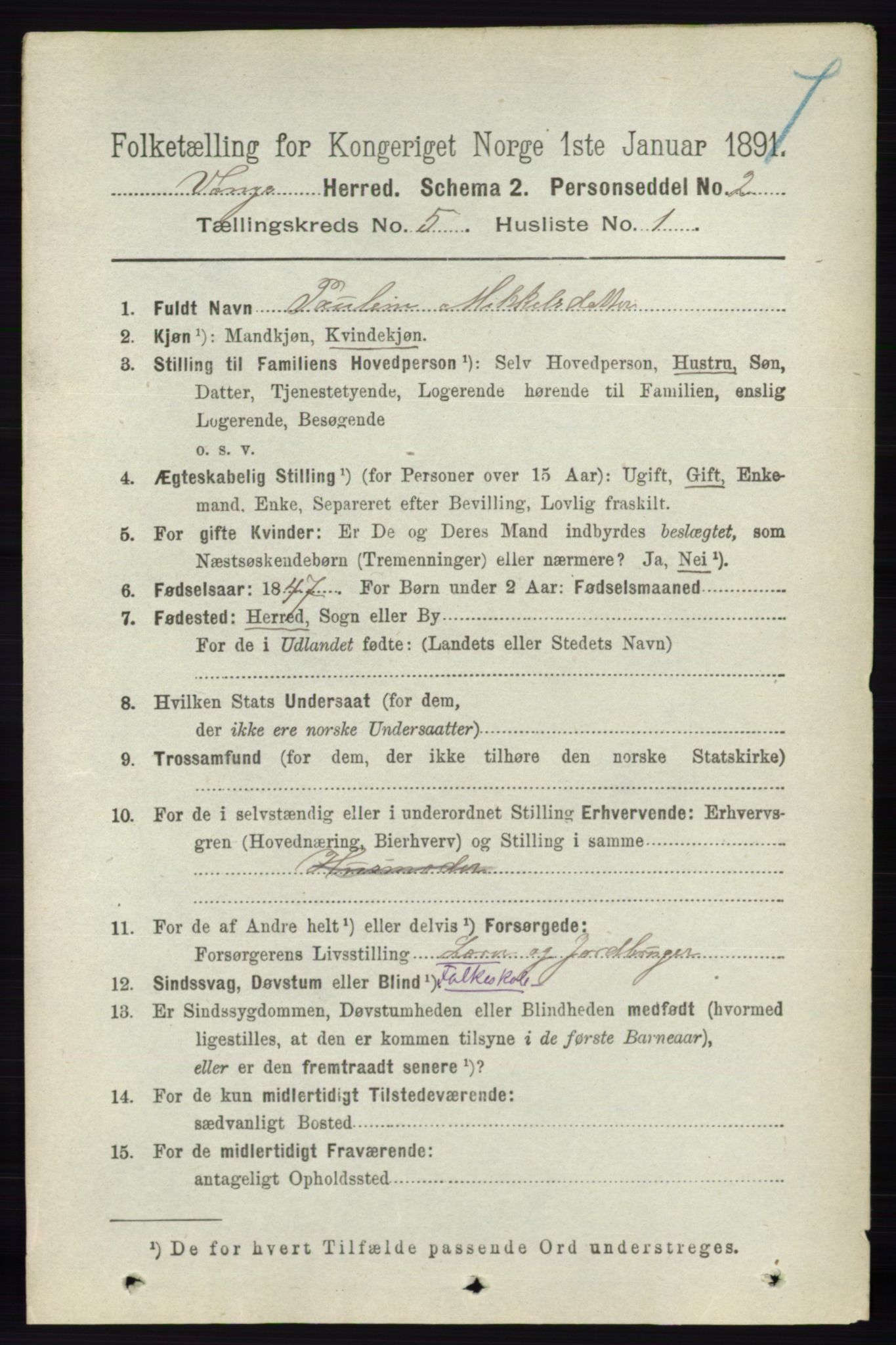 RA, 1891 census for 0414 Vang, 1891, p. 3511