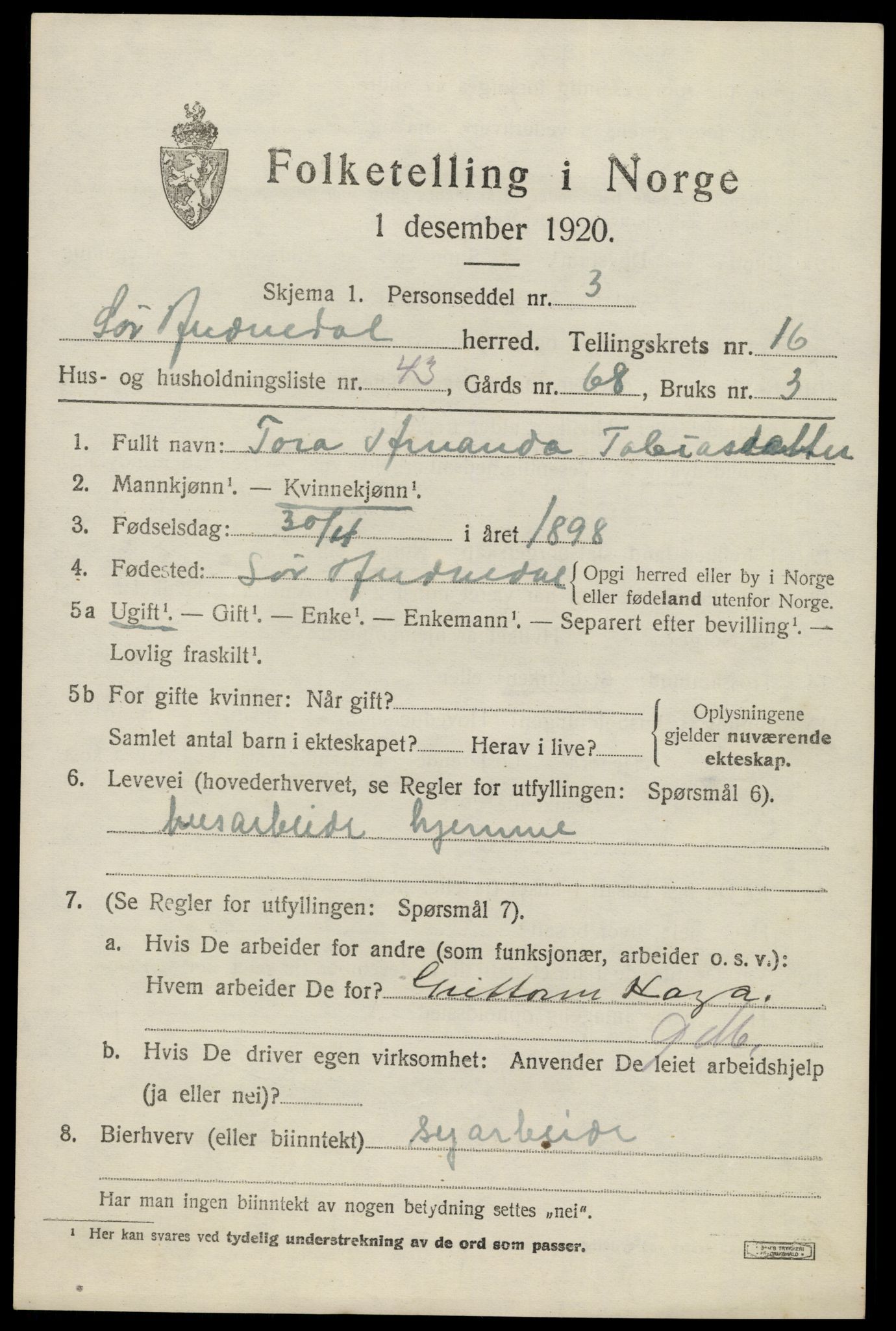 SAK, 1920 census for Sør-Audnedal, 1920, p. 6259