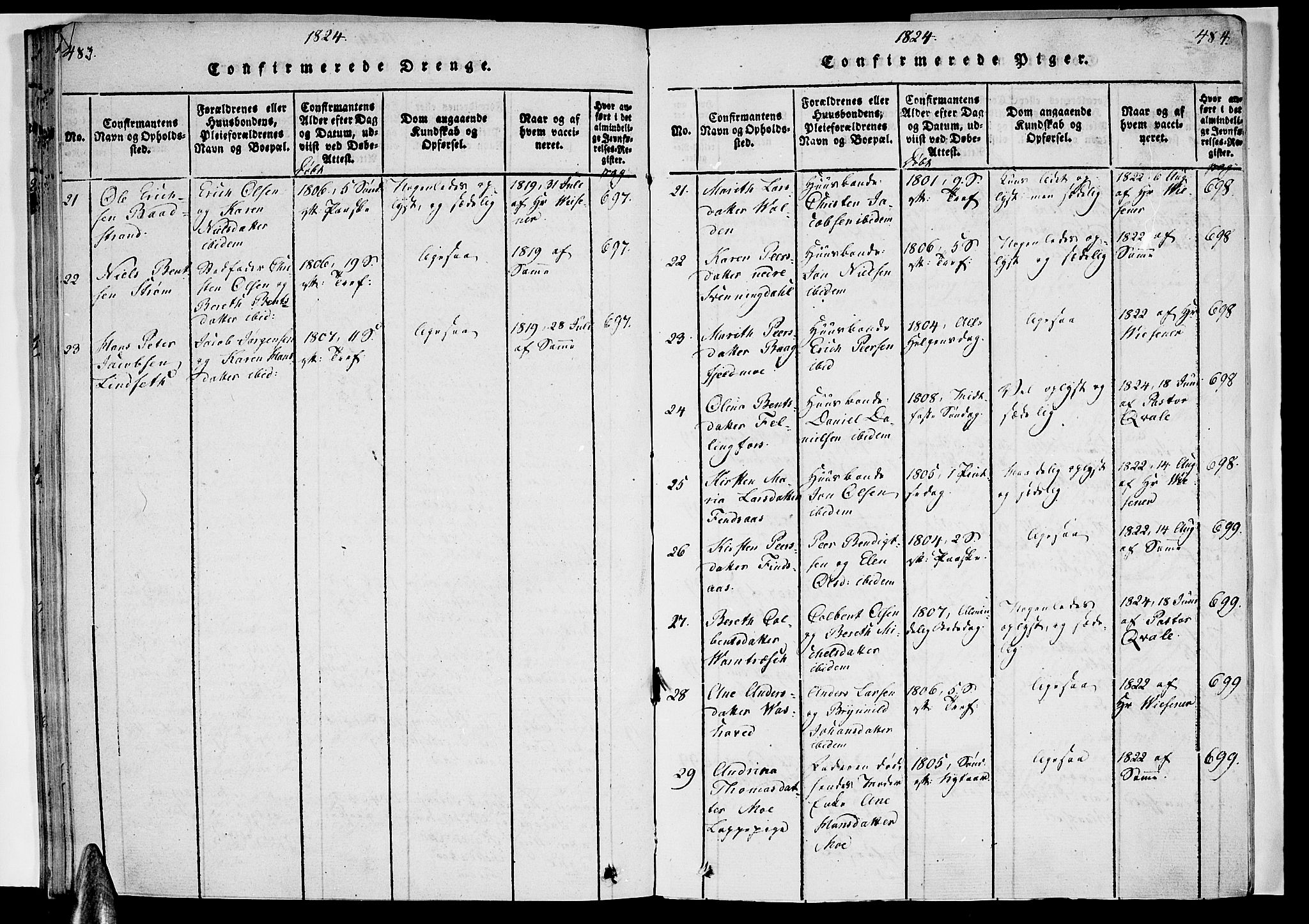 Ministerialprotokoller, klokkerbøker og fødselsregistre - Nordland, AV/SAT-A-1459/820/L0288: Parish register (official) no. 820A09, 1820-1825, p. 483-484