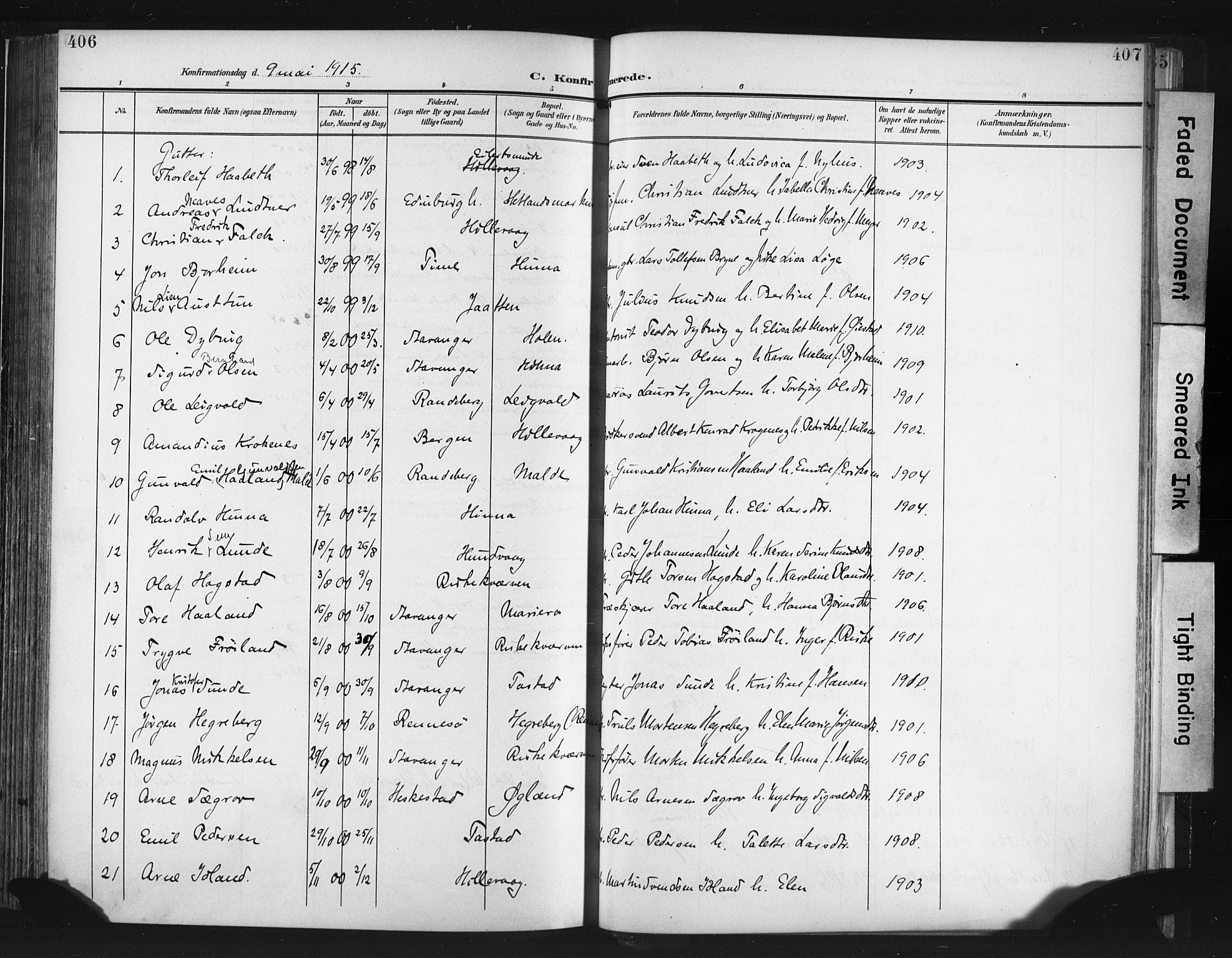 Hetland sokneprestkontor, SAST/A-101826/30/30BA/L0013: Parish register (official) no. A 13, 1904-1918, p. 406-407