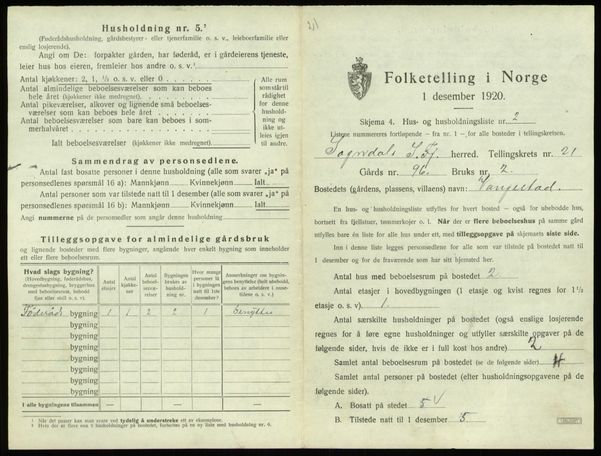 SAB, 1920 census for Sogndal, 1920, p. 1135